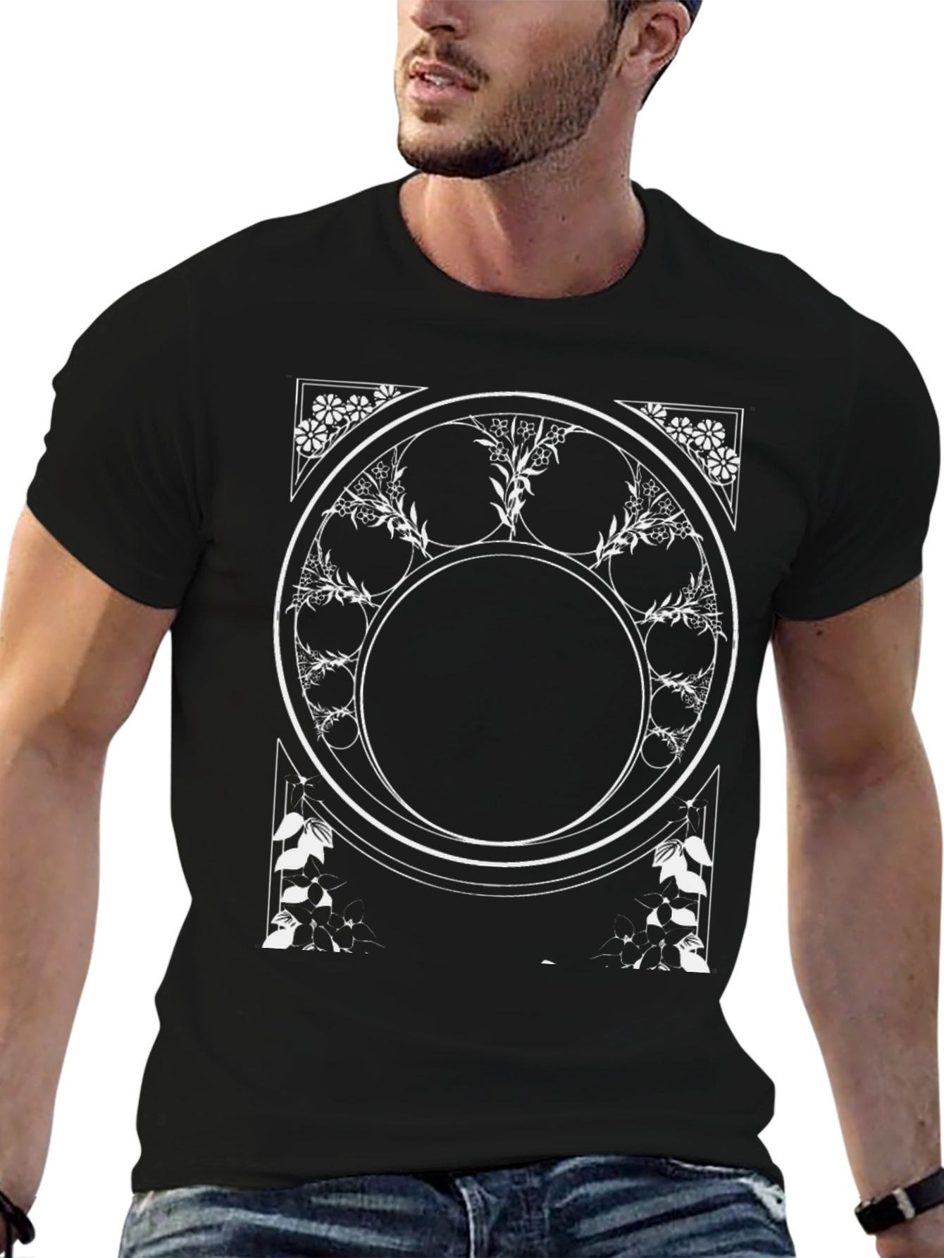 Geometric Floral Graphic Tee - Black