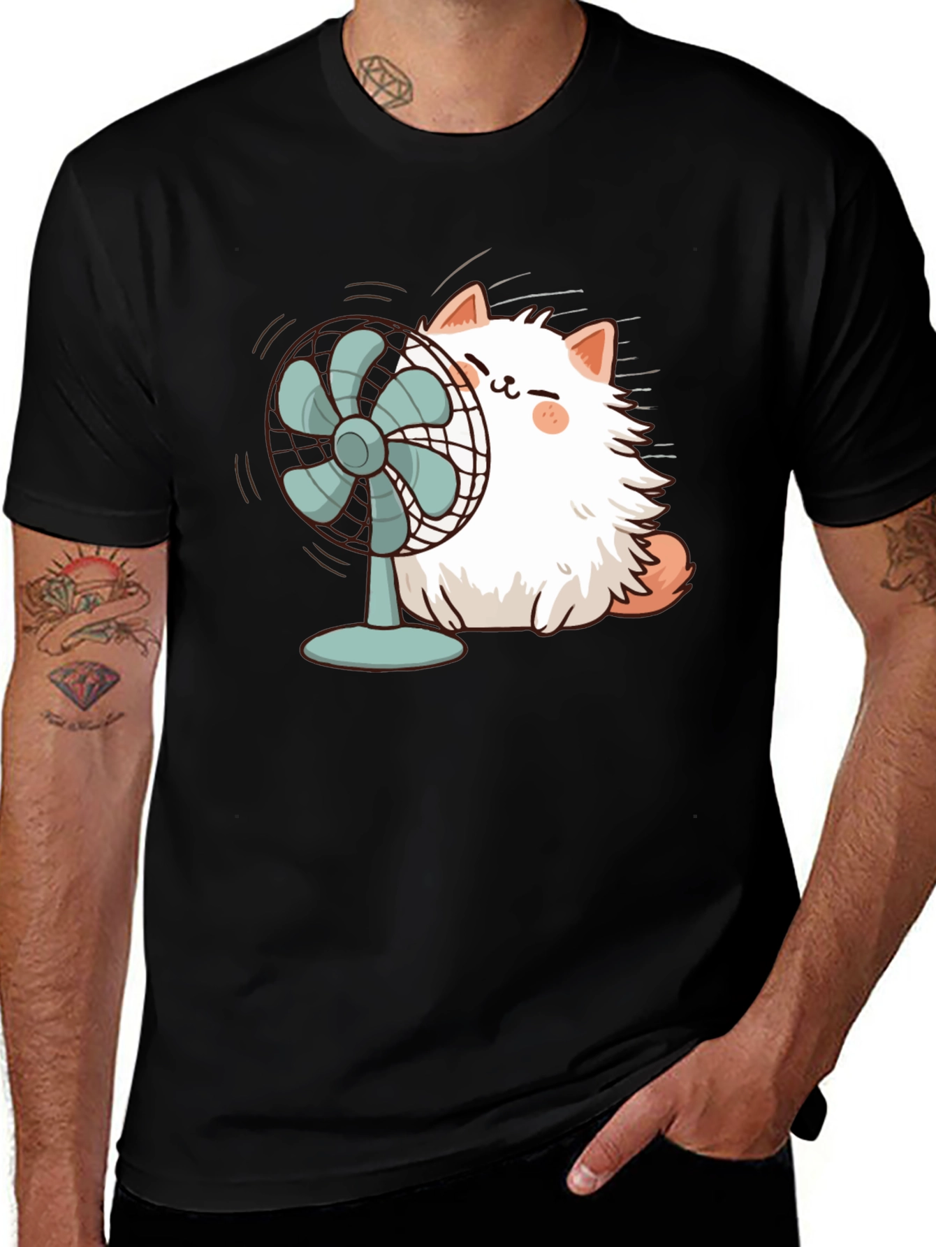 Cat & Fan Black T-Shirt - Cool Comfort Style