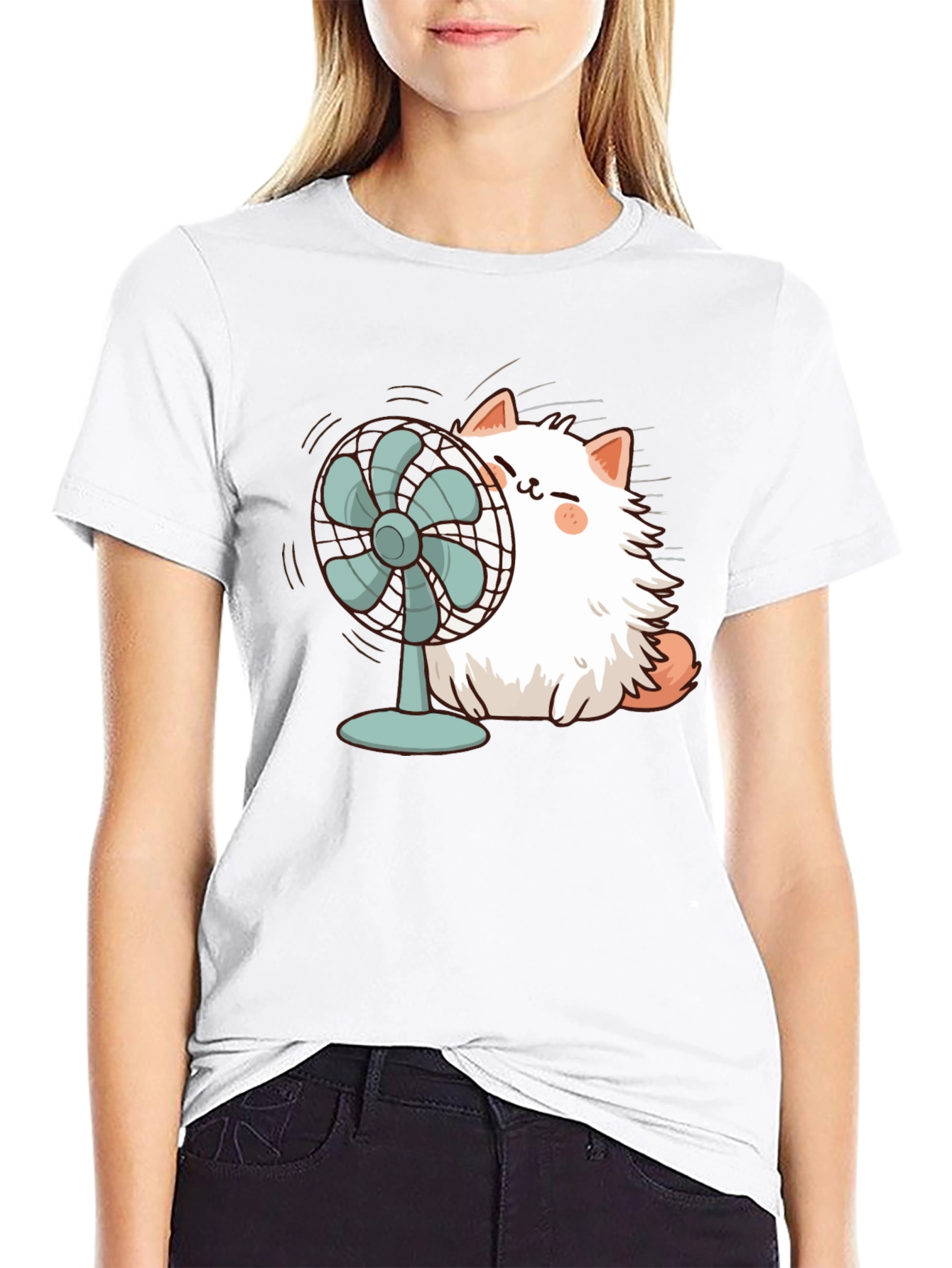 Cat & Fan Black T-Shirt - Cool Comfort Style