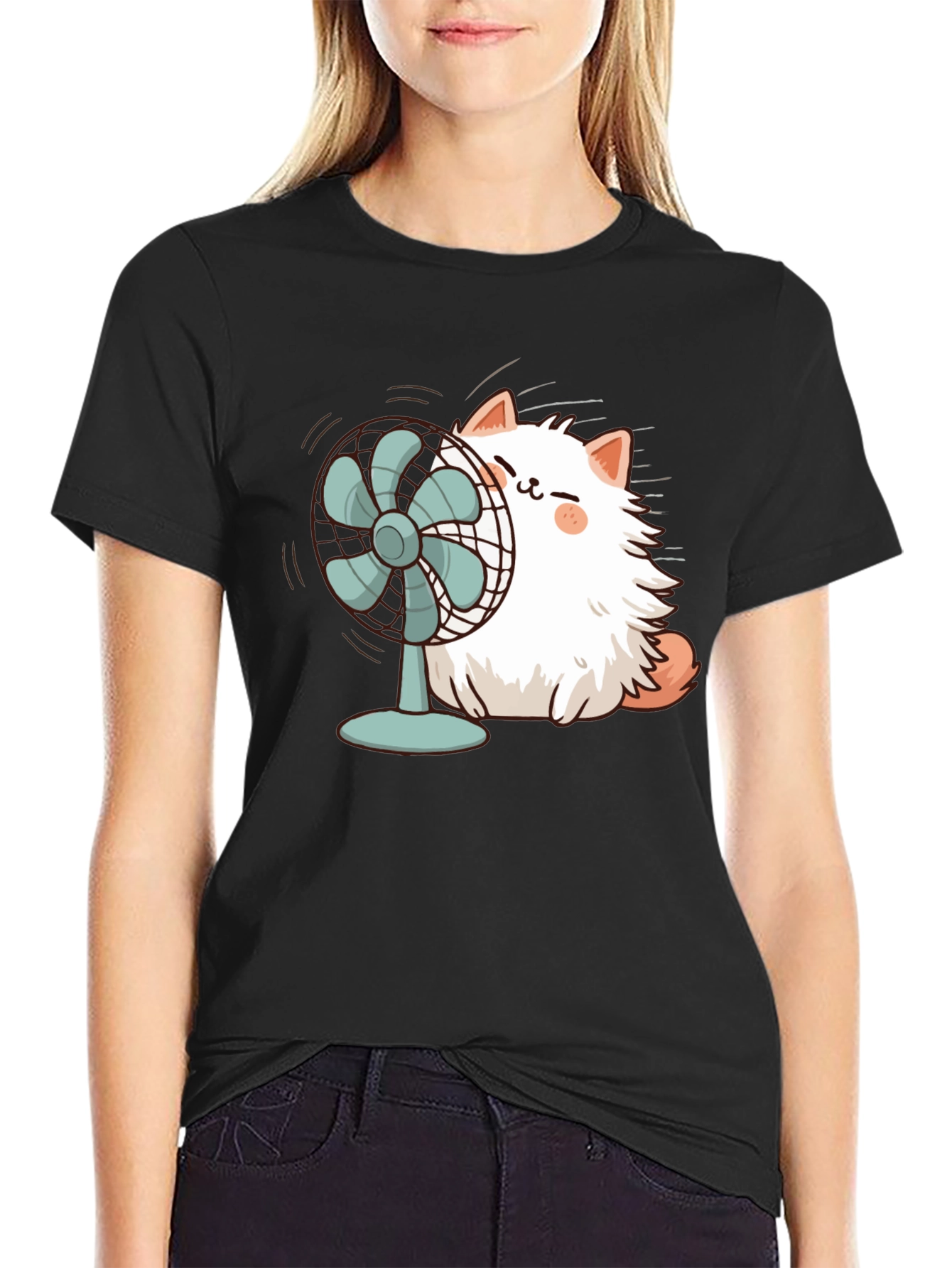 Cat & Fan Black T-Shirt - Cool Comfort Style