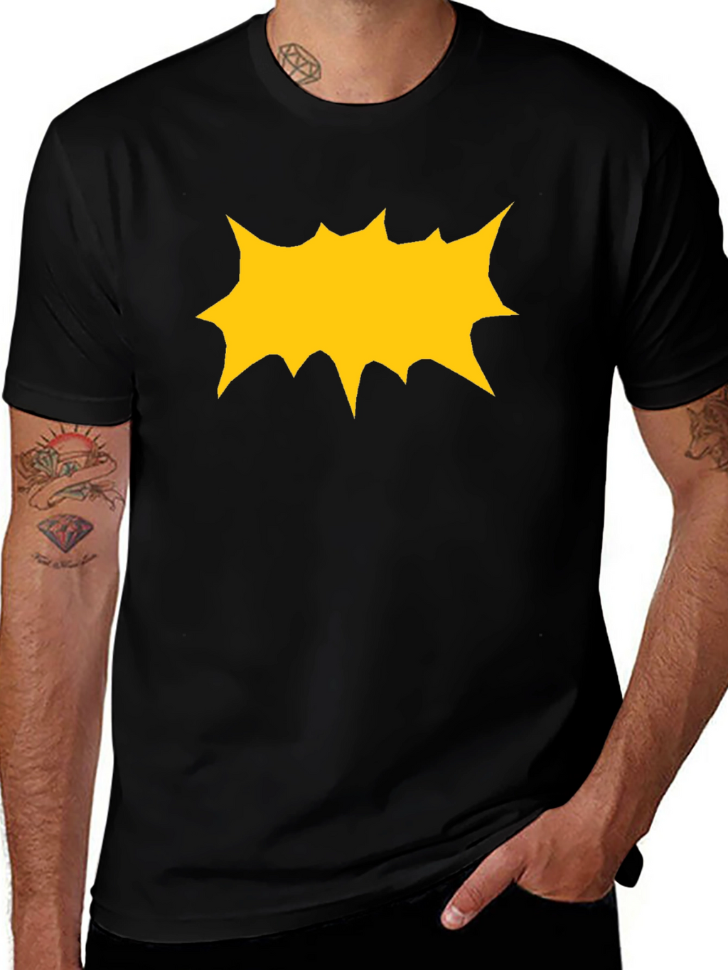 Black T-Shirt with Yellow Comic Explosion Graphic