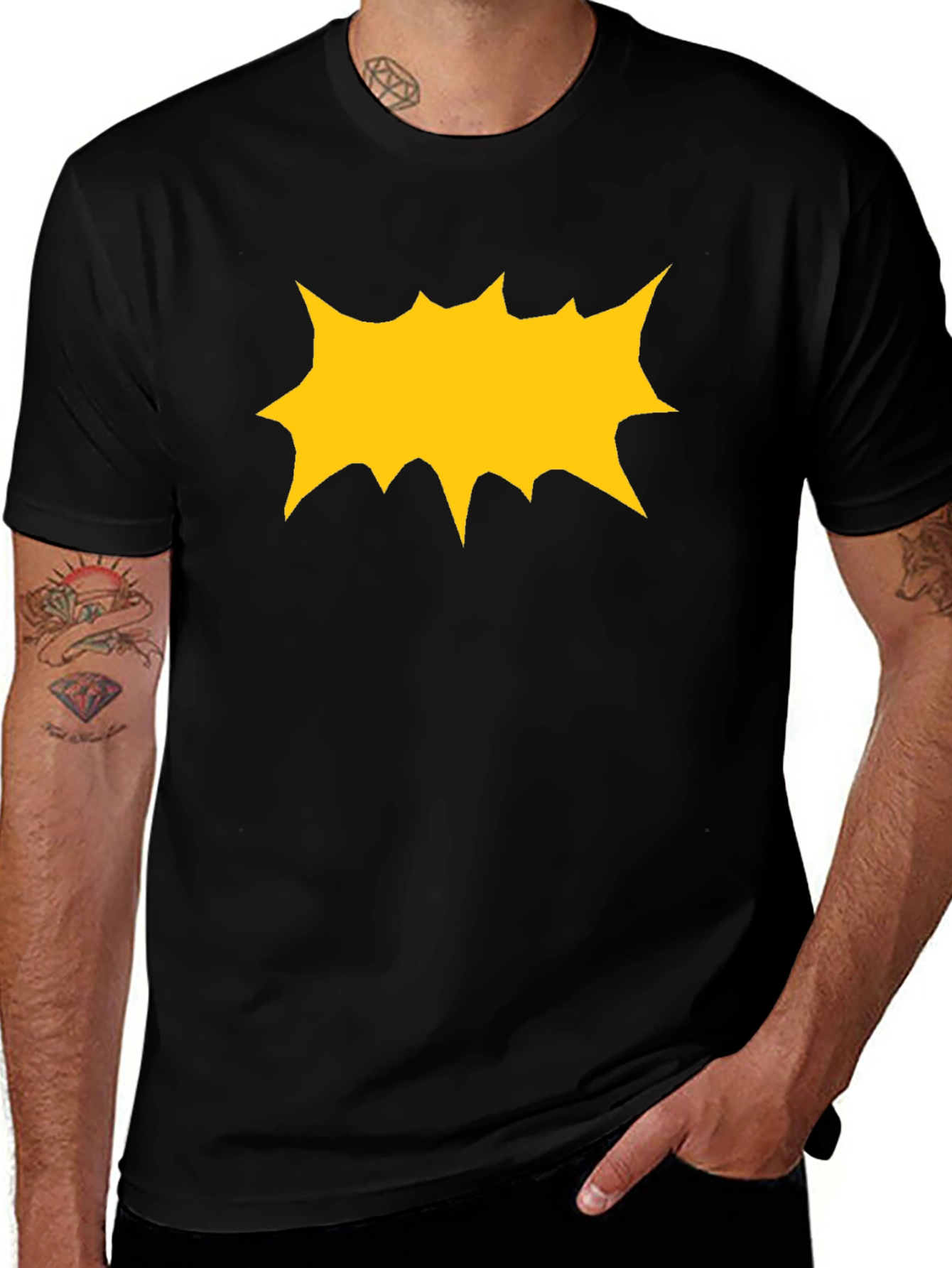 Black T-Shirt with Yellow Comic Explosion Graphic