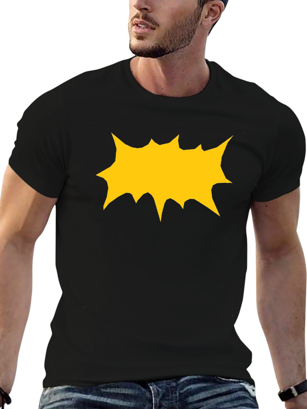 Black T-Shirt with Yellow Comic Explosion Graphic