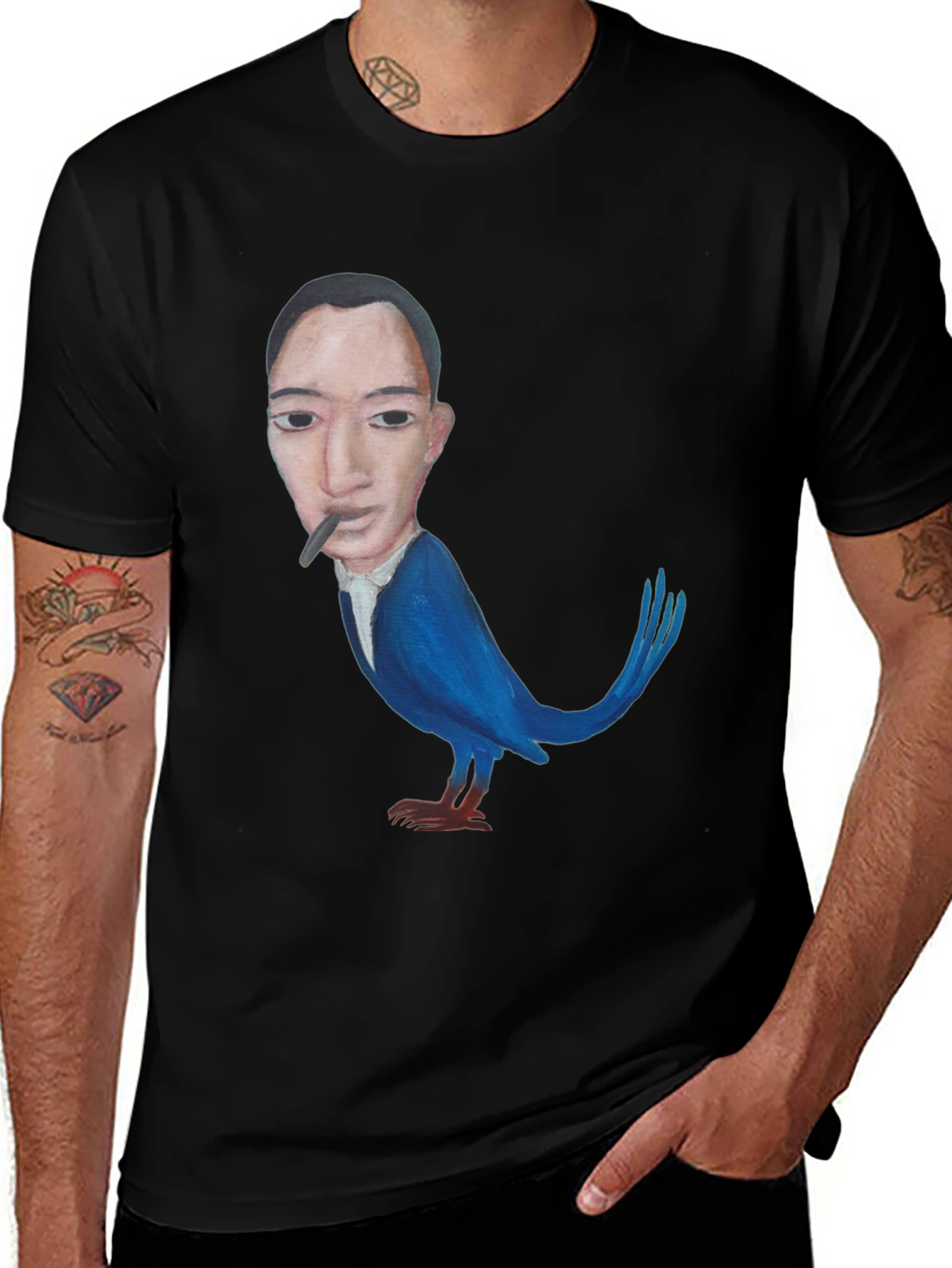 Surreal Man-Bird Graphic Tee - Black