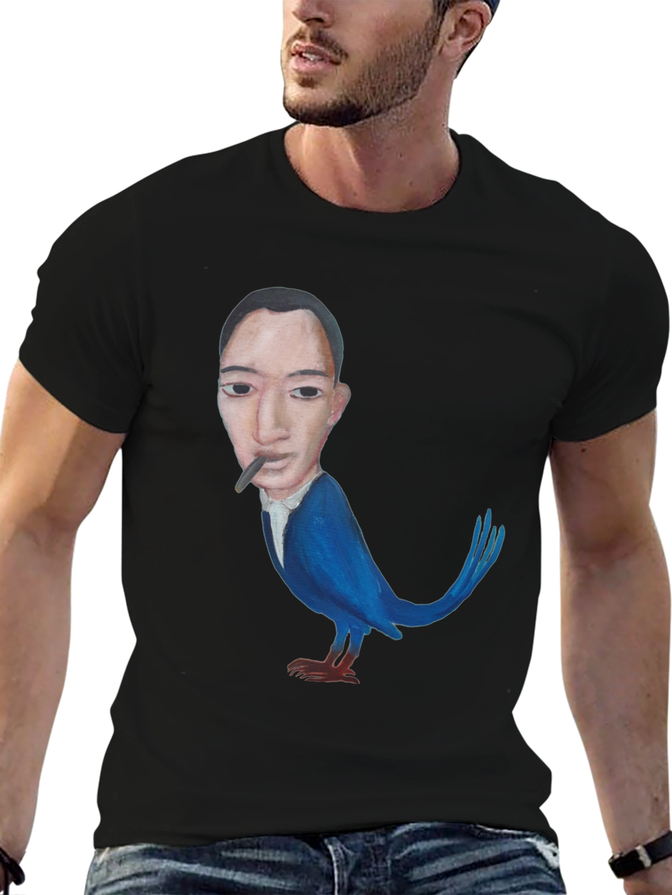 Surreal Man-Bird Graphic Tee - Black