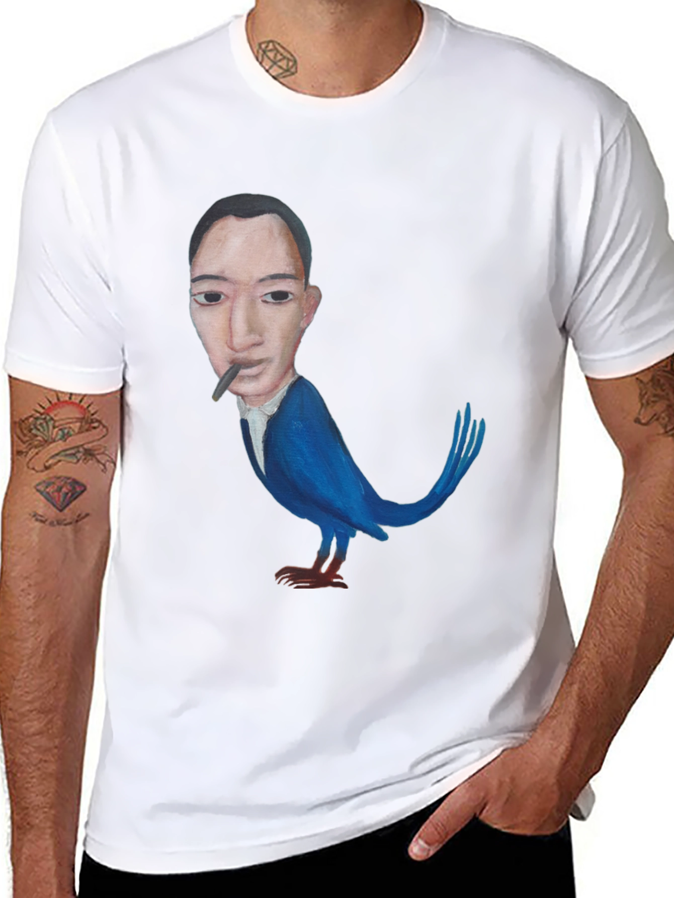 Surreal Man-Bird Graphic Tee - Black