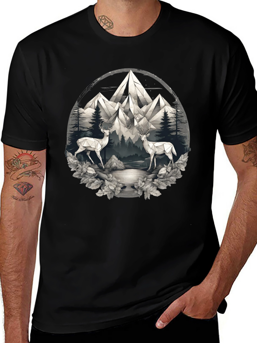 Geometric Deer Mountain Scene Graphic Tee