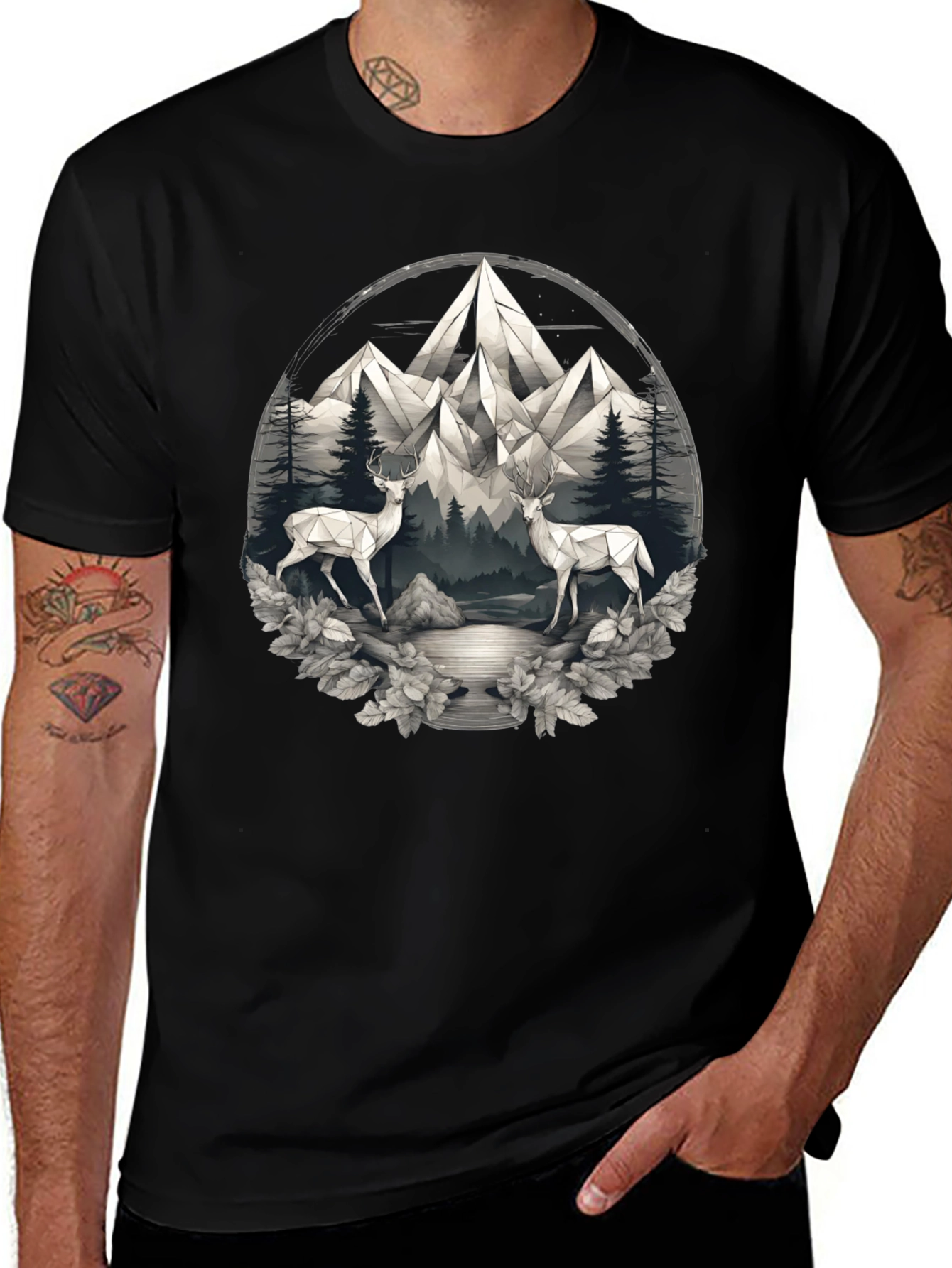 Geometric Deer Mountain Scene Graphic Tee
