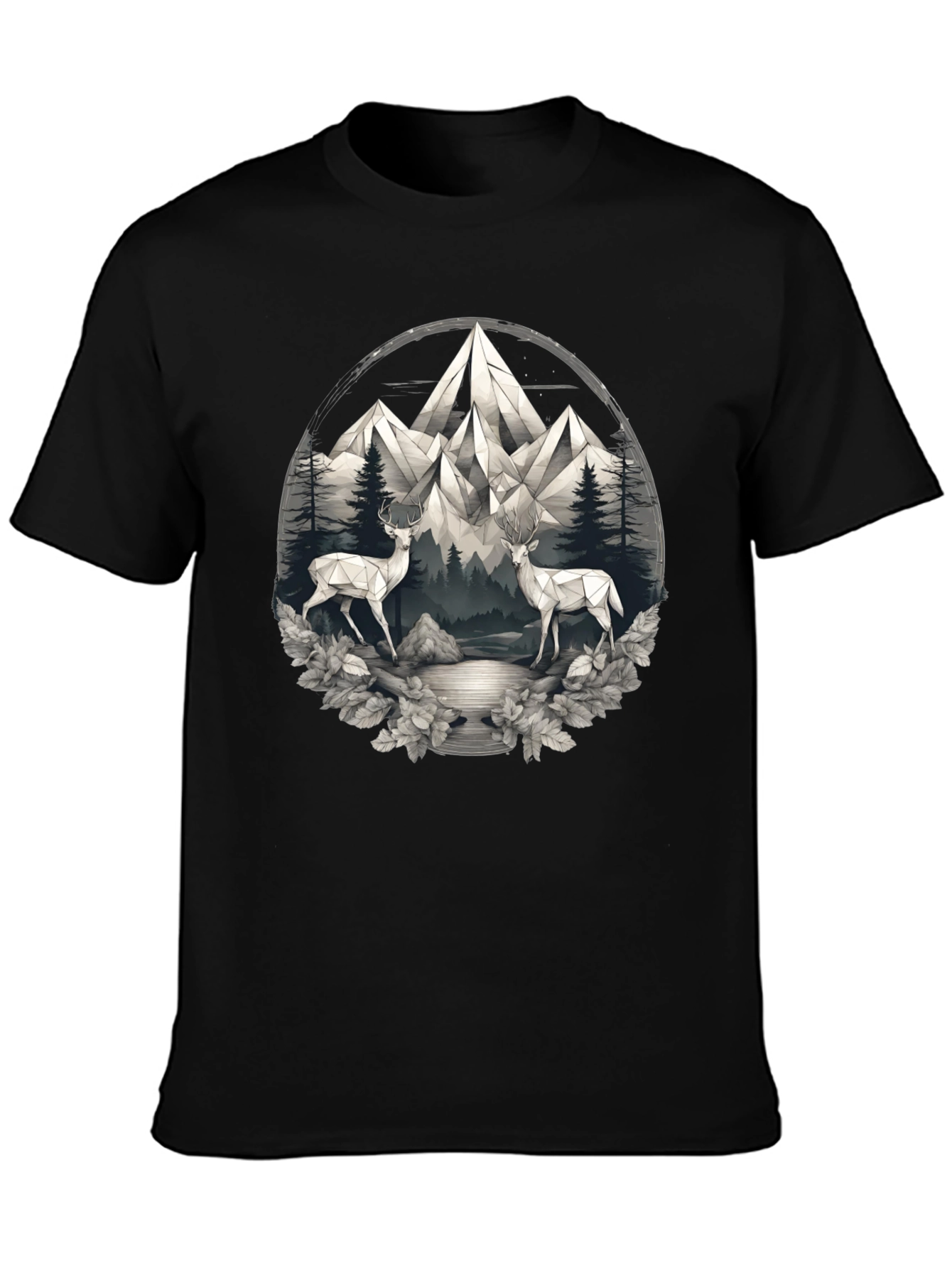 Geometric Deer Mountain Scene Graphic Tee