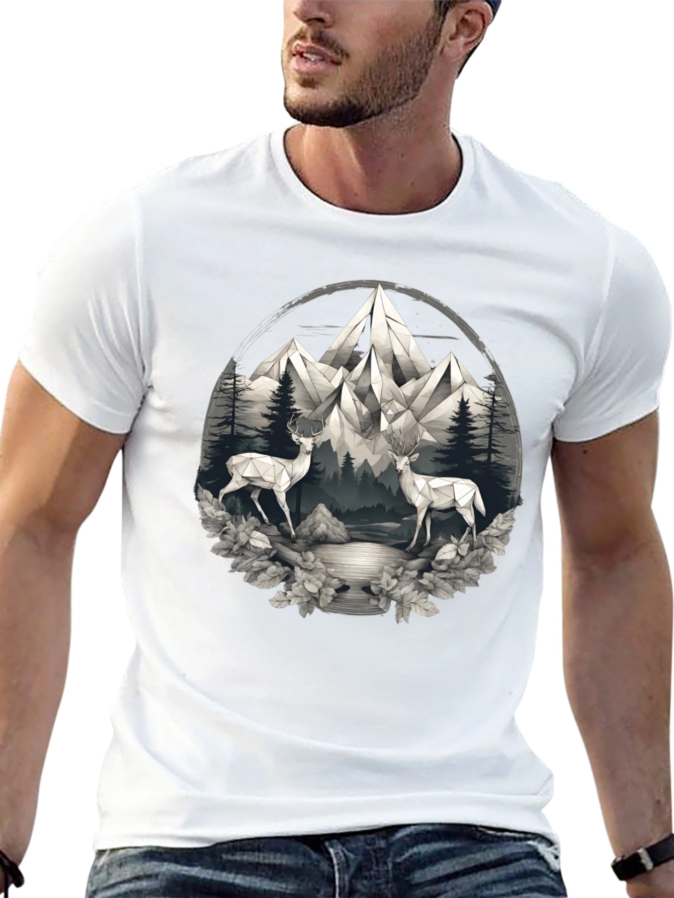 Geometric Deer Mountain Scene Graphic Tee