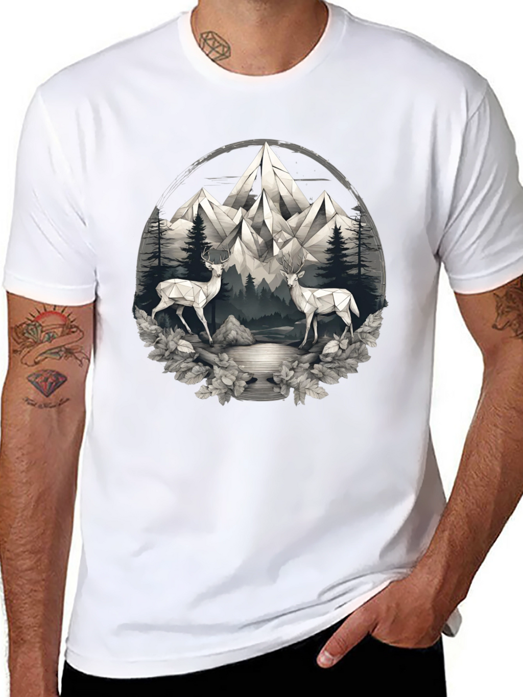 Geometric Deer Mountain Scene Graphic Tee