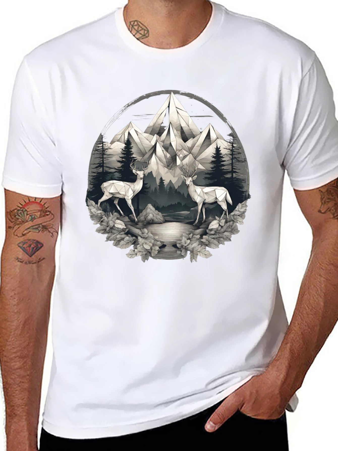 Geometric Deer Mountain Scene Graphic Tee