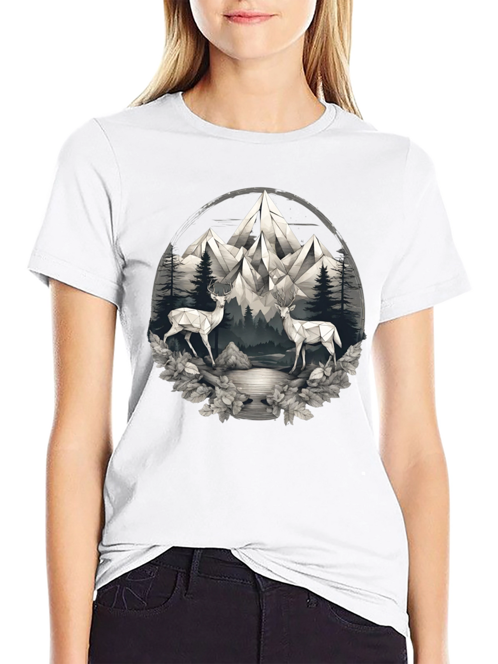 Geometric Deer Mountain Scene Graphic Tee