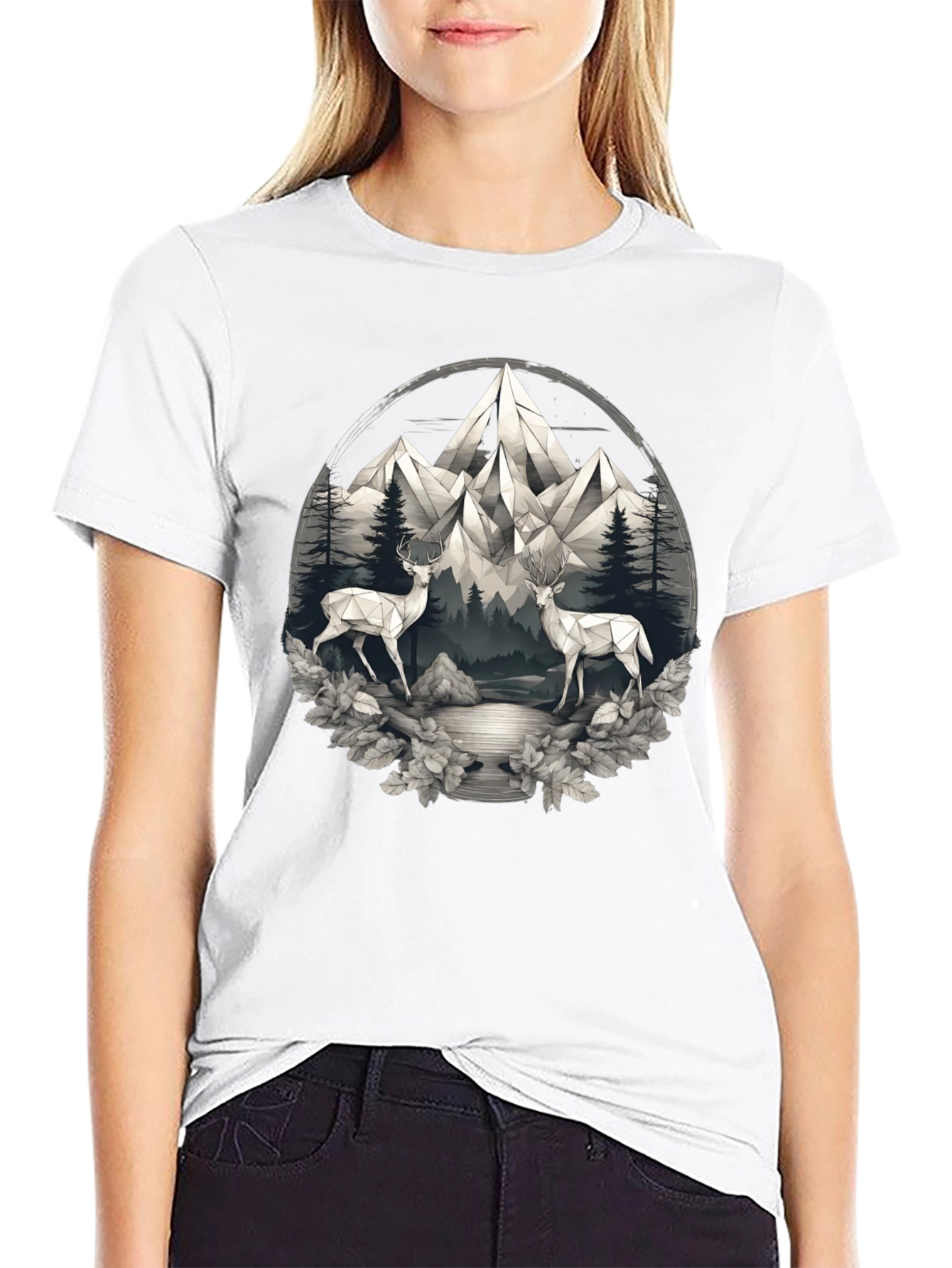 Geometric Deer Mountain Scene Graphic Tee