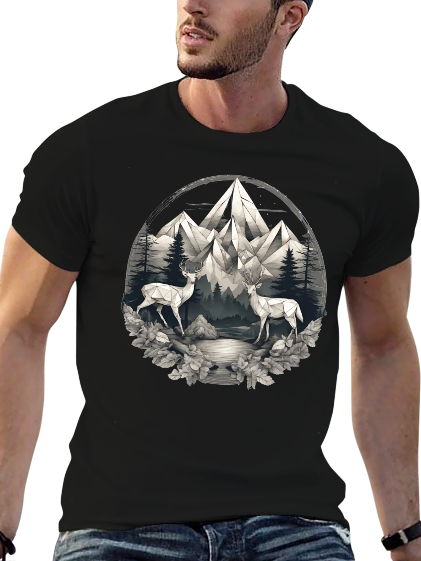 Geometric Deer Mountain Scene Graphic Tee