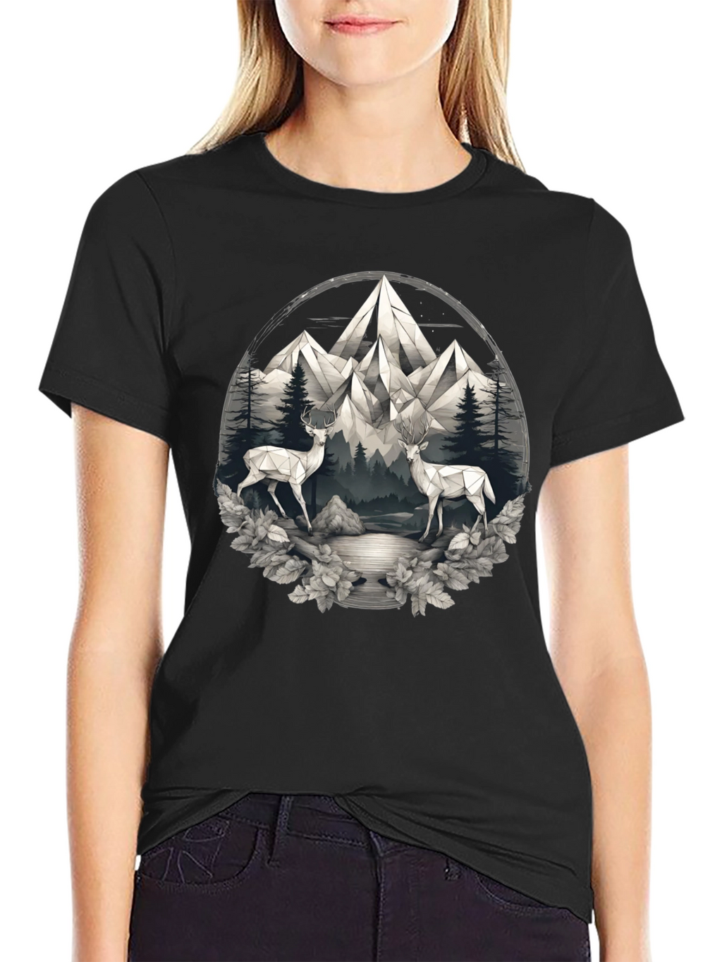 Geometric Deer Mountain Scene Graphic Tee