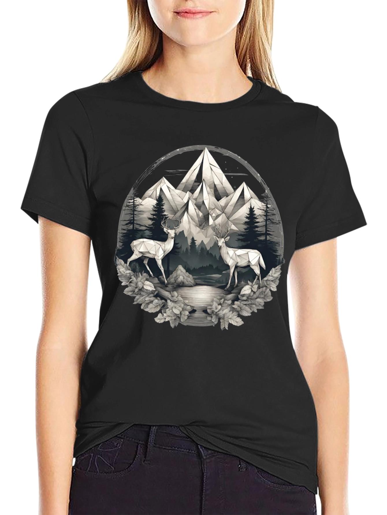 Geometric Deer Mountain Scene Graphic Tee