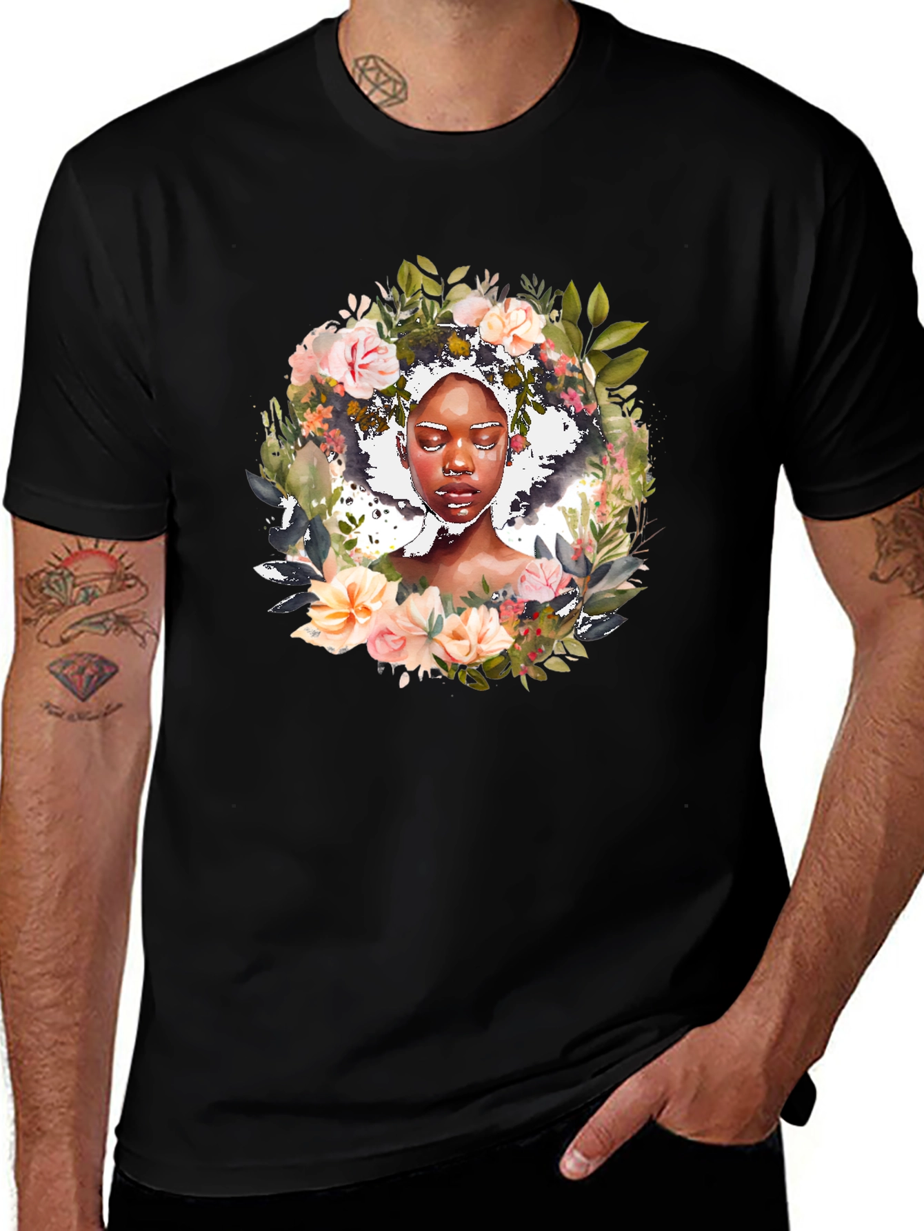 Floral Woman Graphic Black Tee - Stylish Unisex T-Shirt