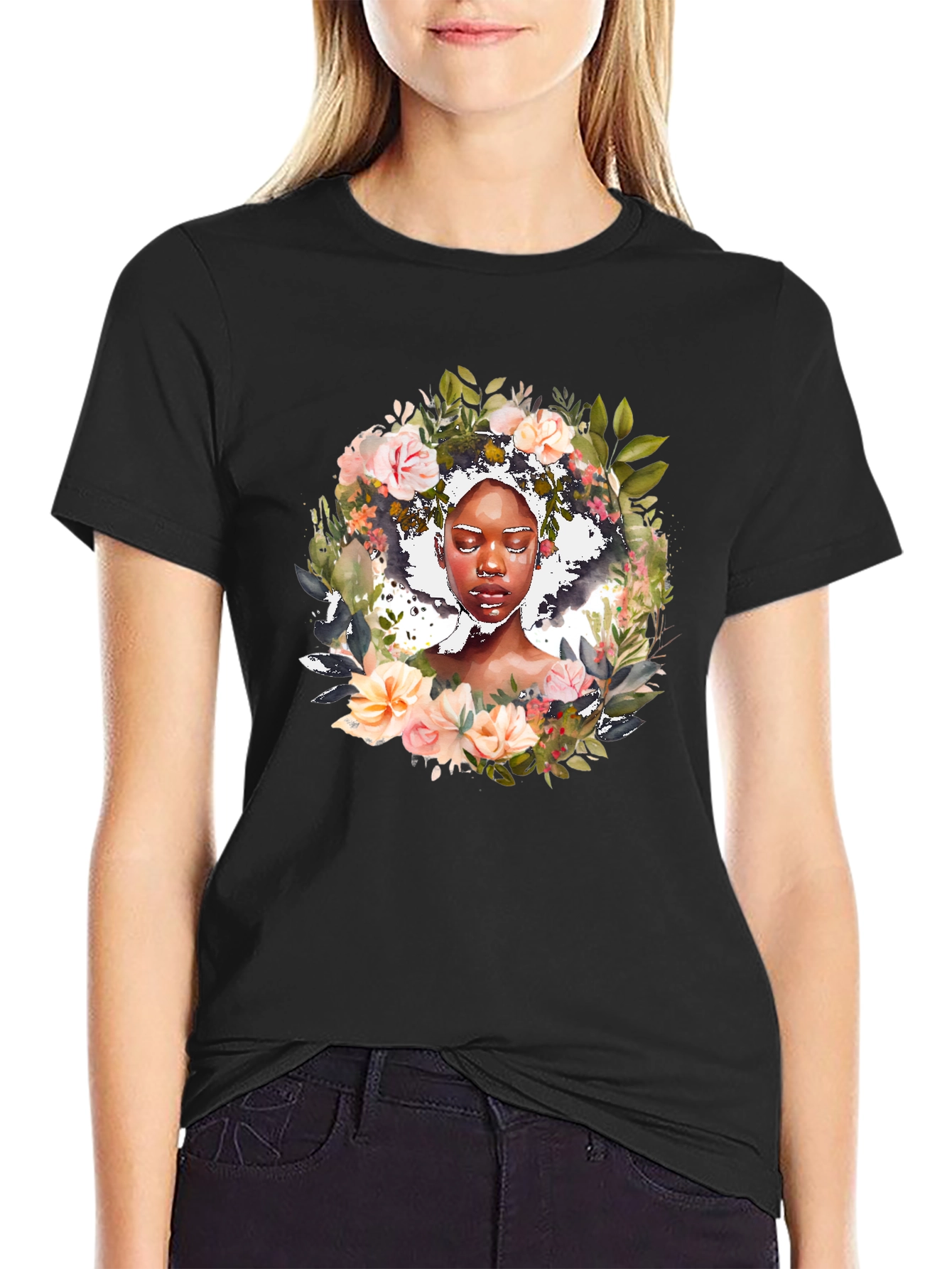 Floral Woman Graphic Black Tee - Stylish Unisex T-Shirt