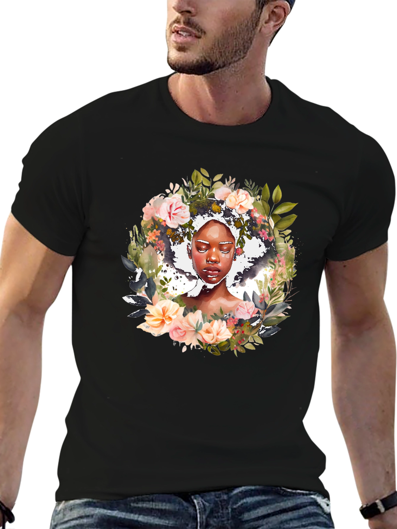 Floral Woman Graphic Black Tee - Stylish Unisex T-Shirt