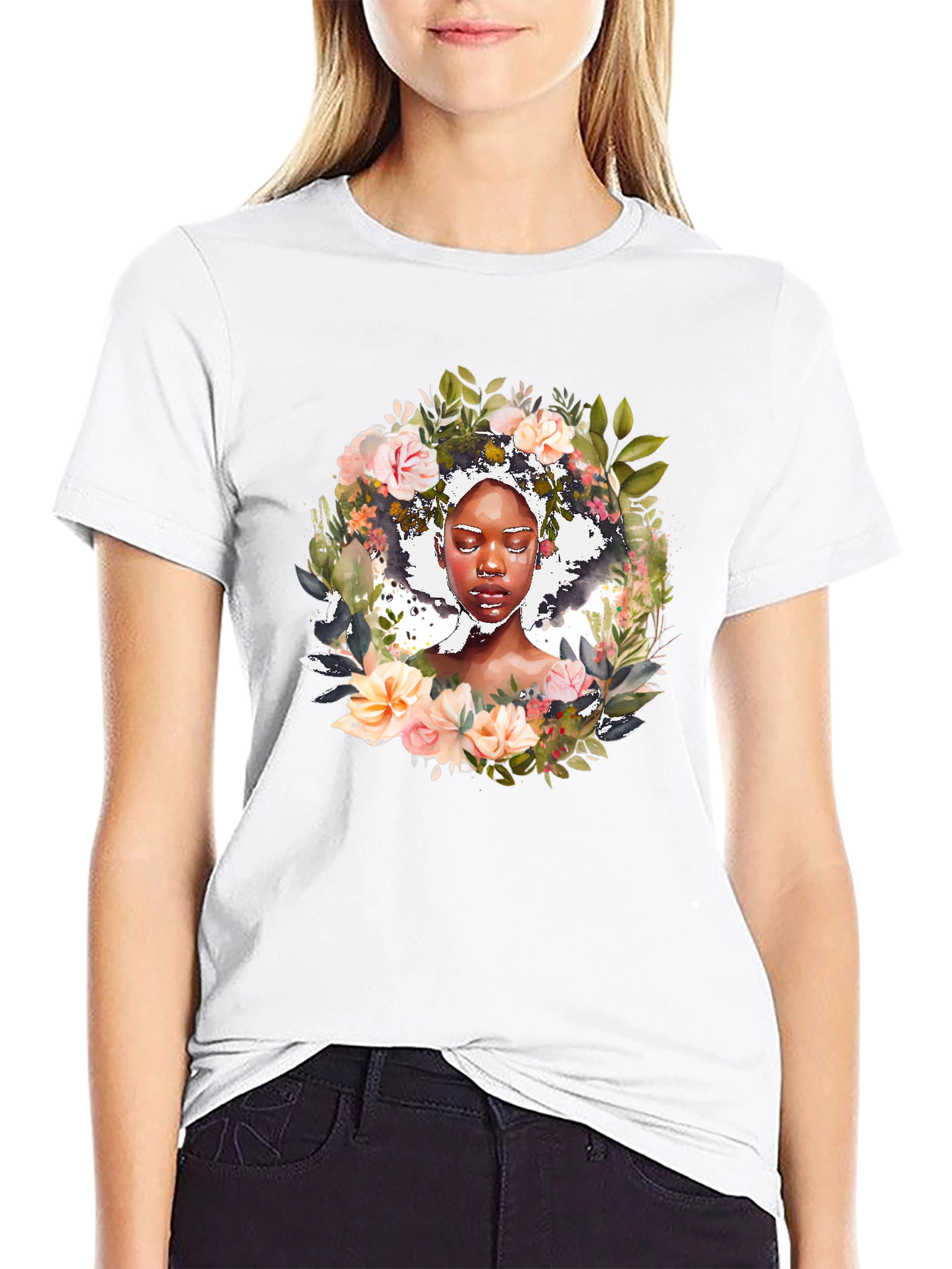 Floral Woman Graphic Black Tee - Stylish Unisex T-Shirt