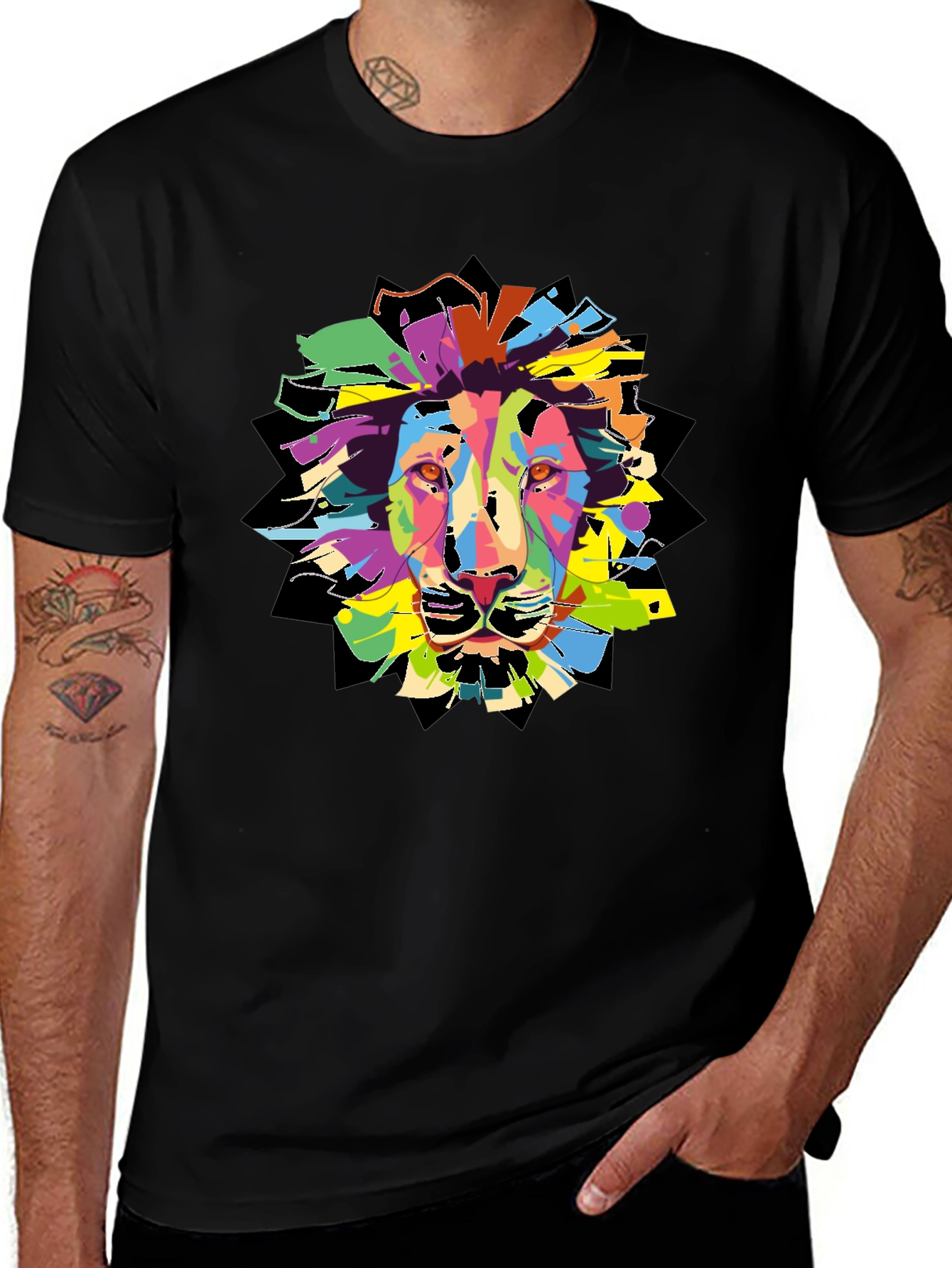 Colorful Lion Graphic T-Shirt - Mens Black Tee