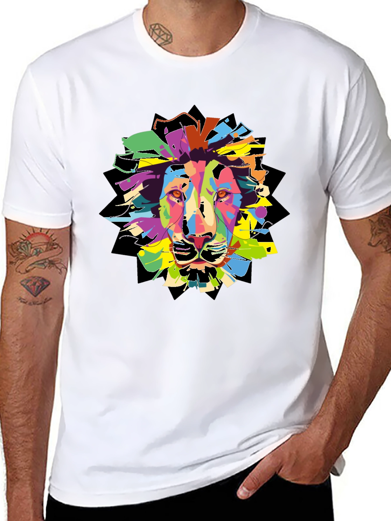 Colorful Lion Graphic T-Shirt - Mens Black Tee
