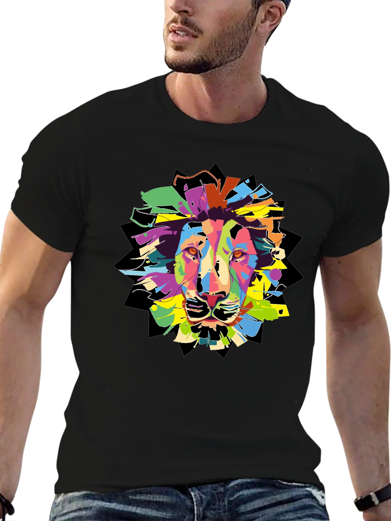Colorful Lion Graphic T-Shirt - Mens Black Tee