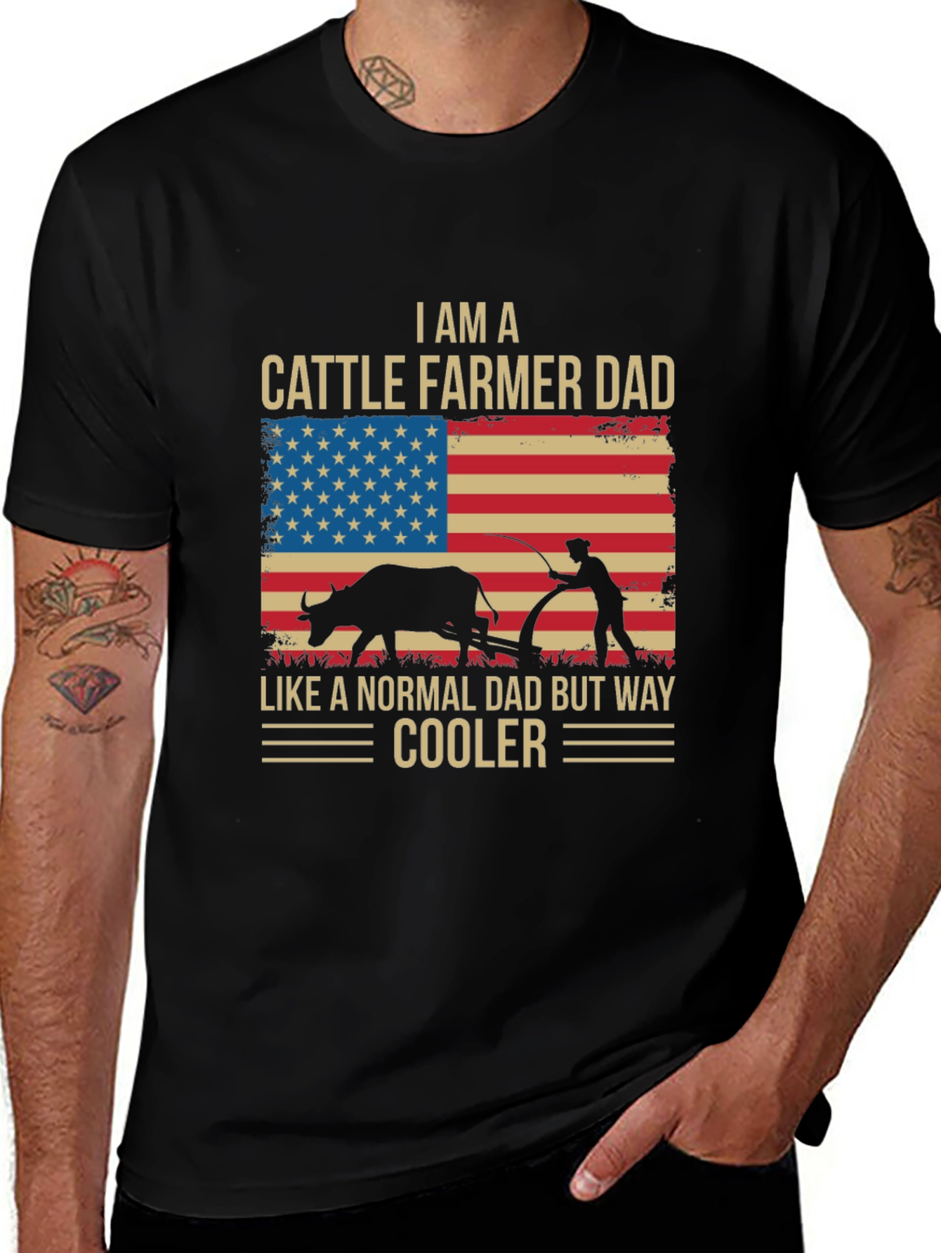 Cattle Farmer Dad T-Shirt - American Flag Design
