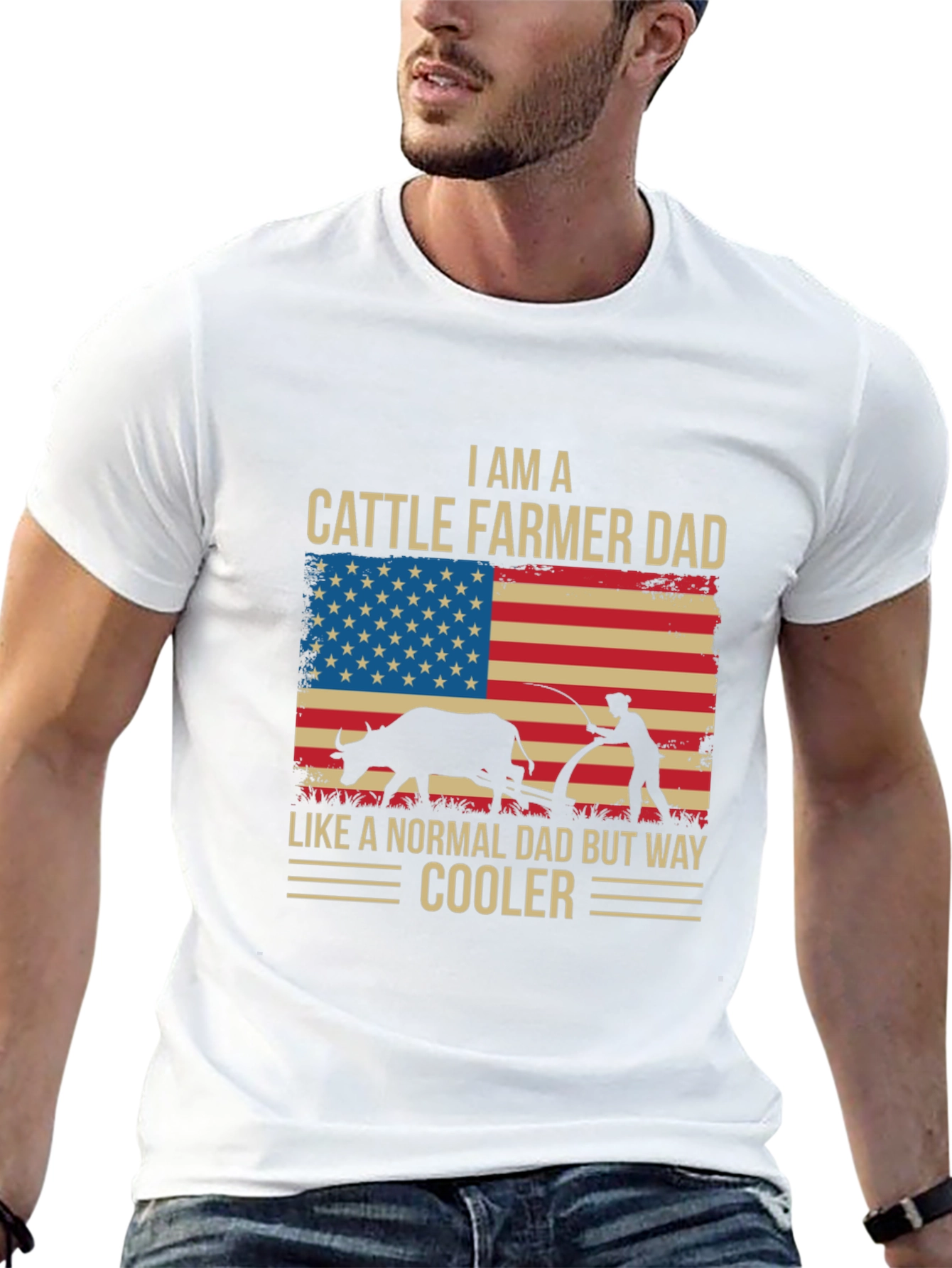 Cattle Farmer Dad T-Shirt - American Flag Design