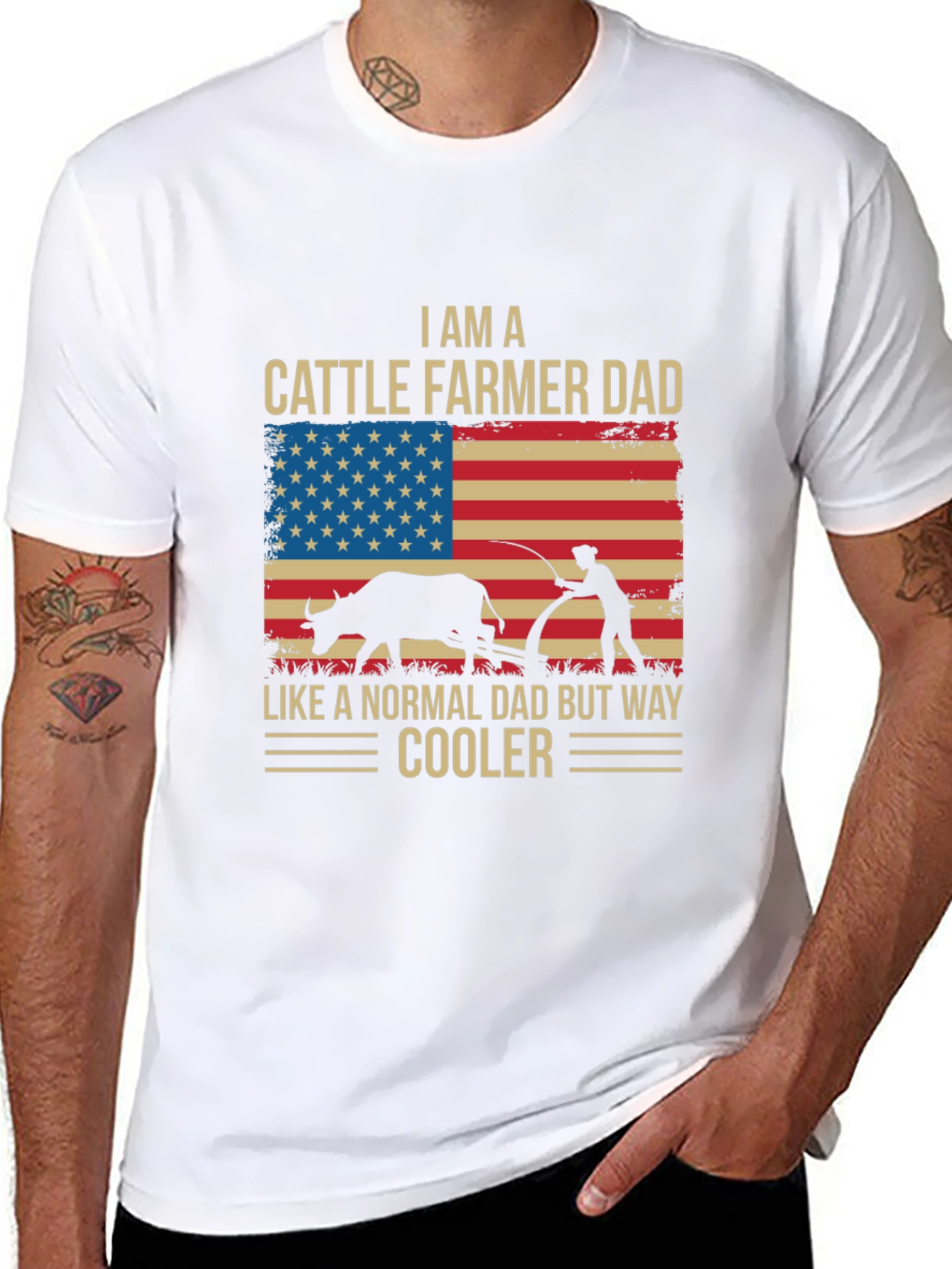Cattle Farmer Dad T-Shirt - American Flag Design