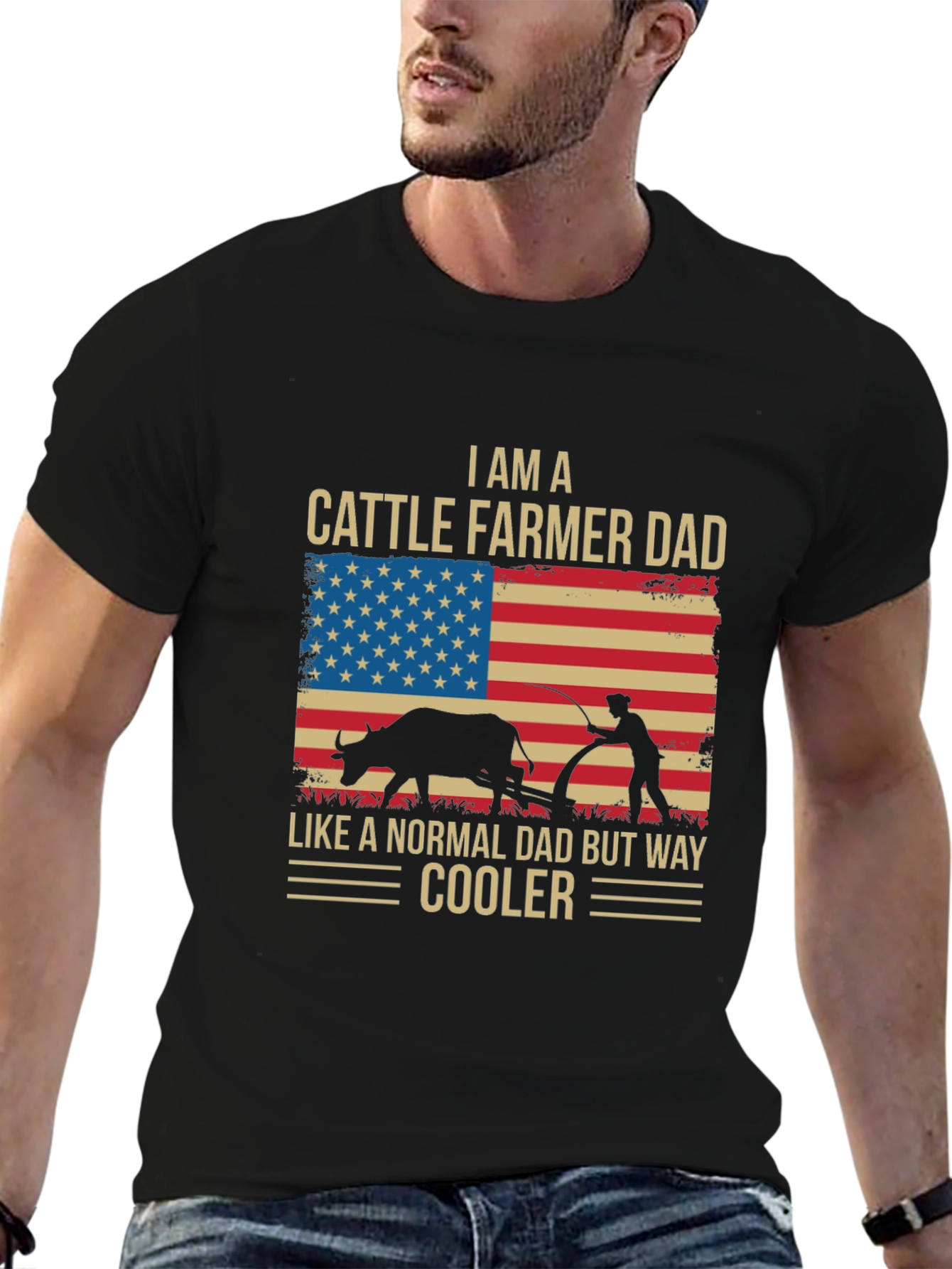 Cattle Farmer Dad T-Shirt - American Flag Design