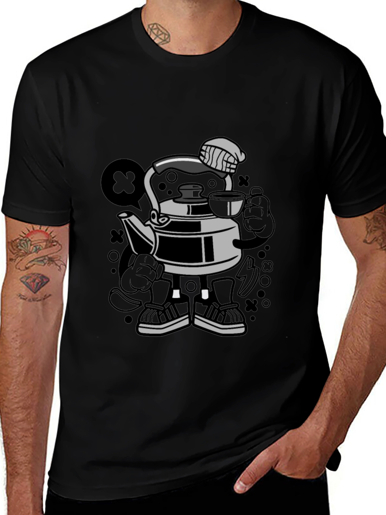 Cartoon Kettle Character Black T-Shirt