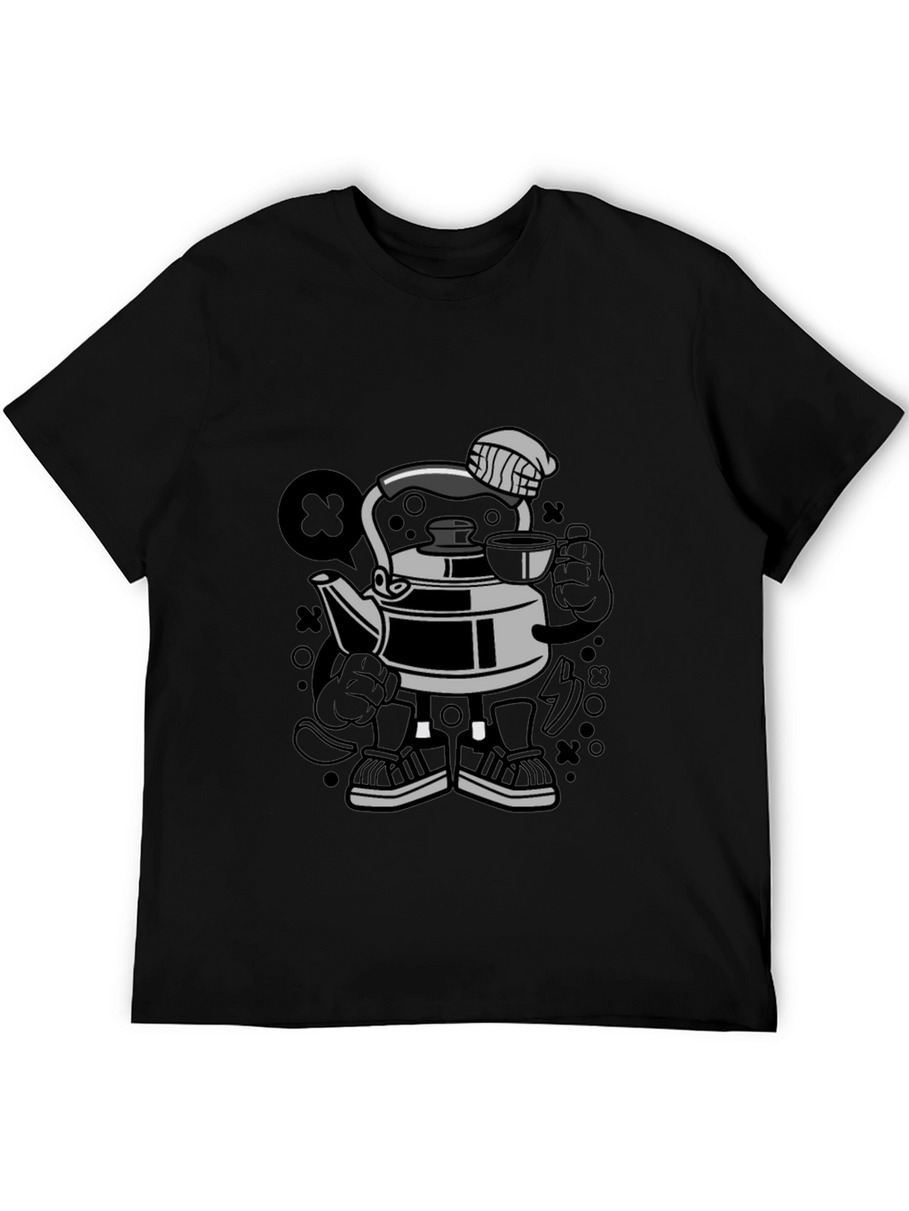 Cartoon Kettle Character Black T-Shirt