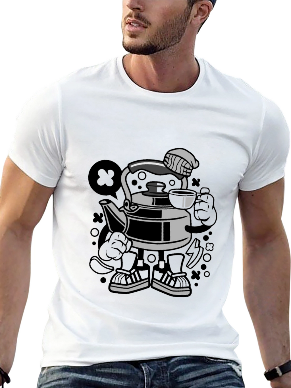 Cartoon Kettle Character Black T-Shirt