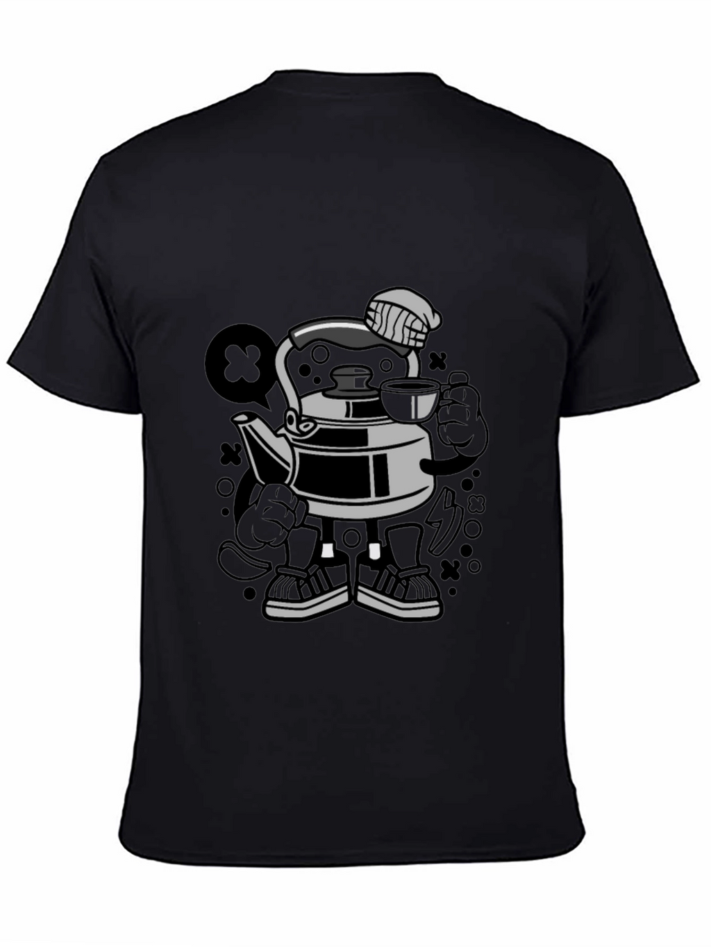 Cartoon Kettle Character Black T-Shirt
