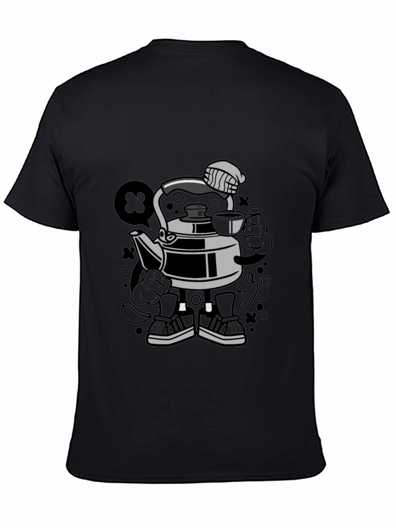 Cartoon Kettle Character Black T-Shirt