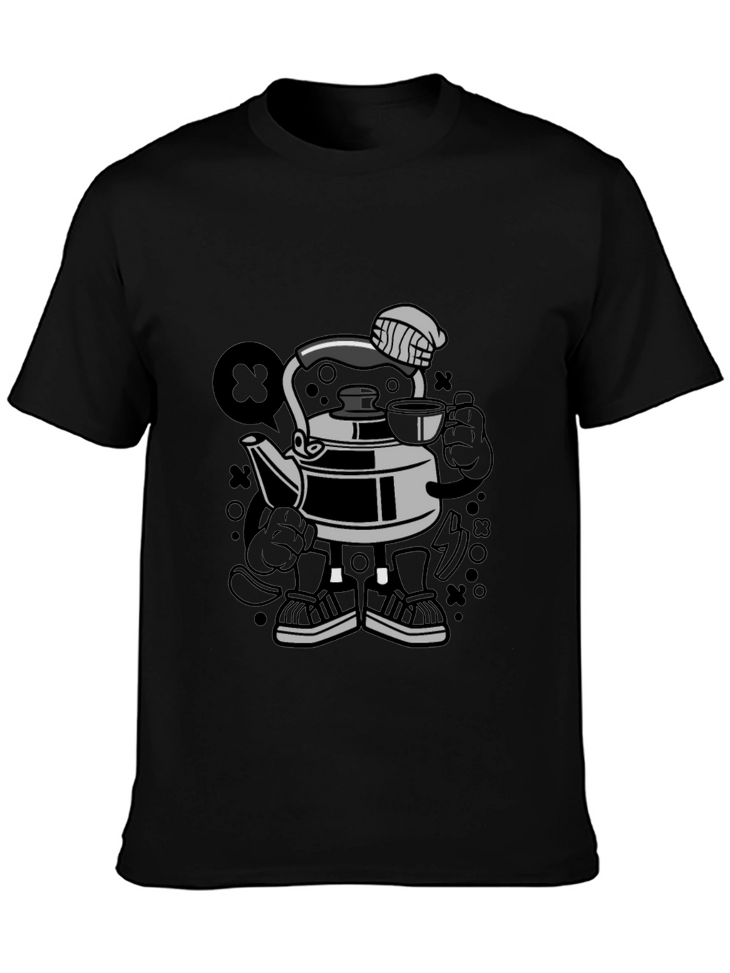 Cartoon Kettle Character Black T-Shirt