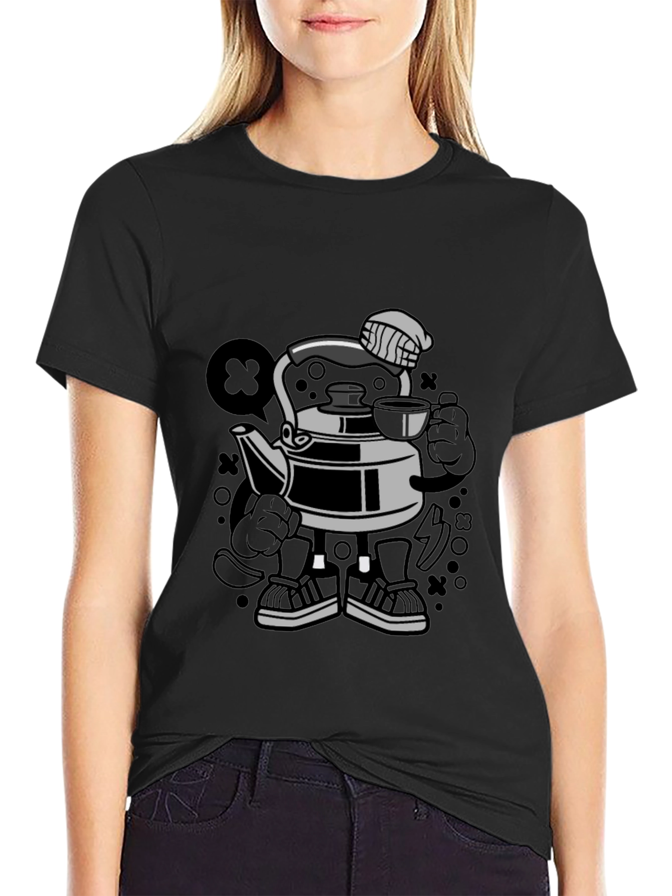 Cartoon Kettle Character Black T-Shirt
