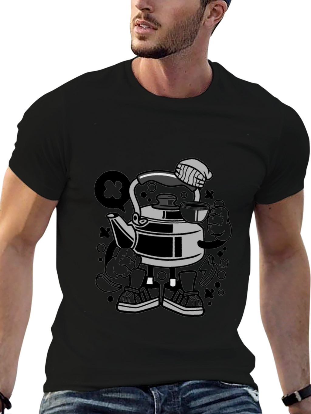 Cartoon Kettle Character Black T-Shirt