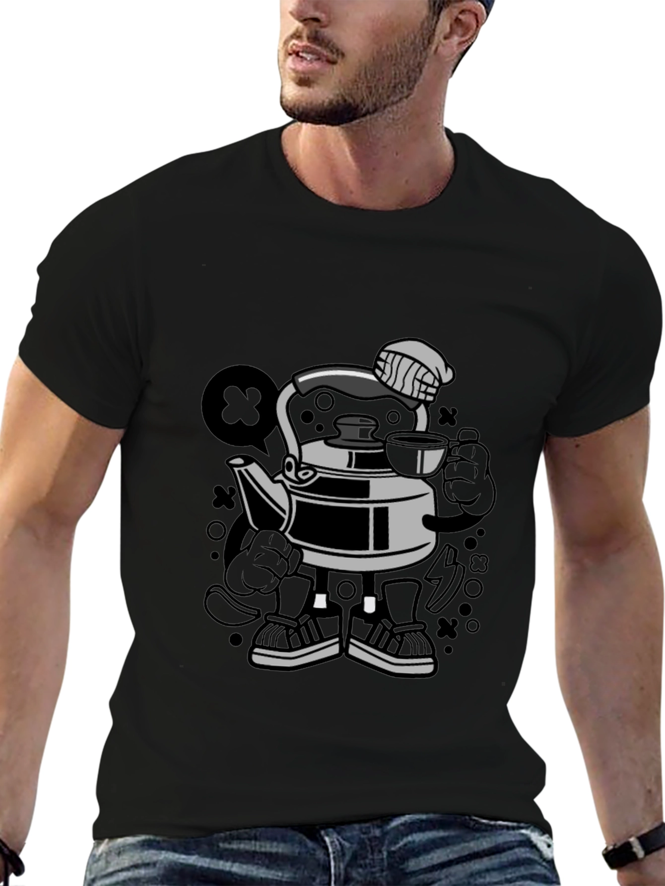 Cartoon Kettle Character Black T-Shirt