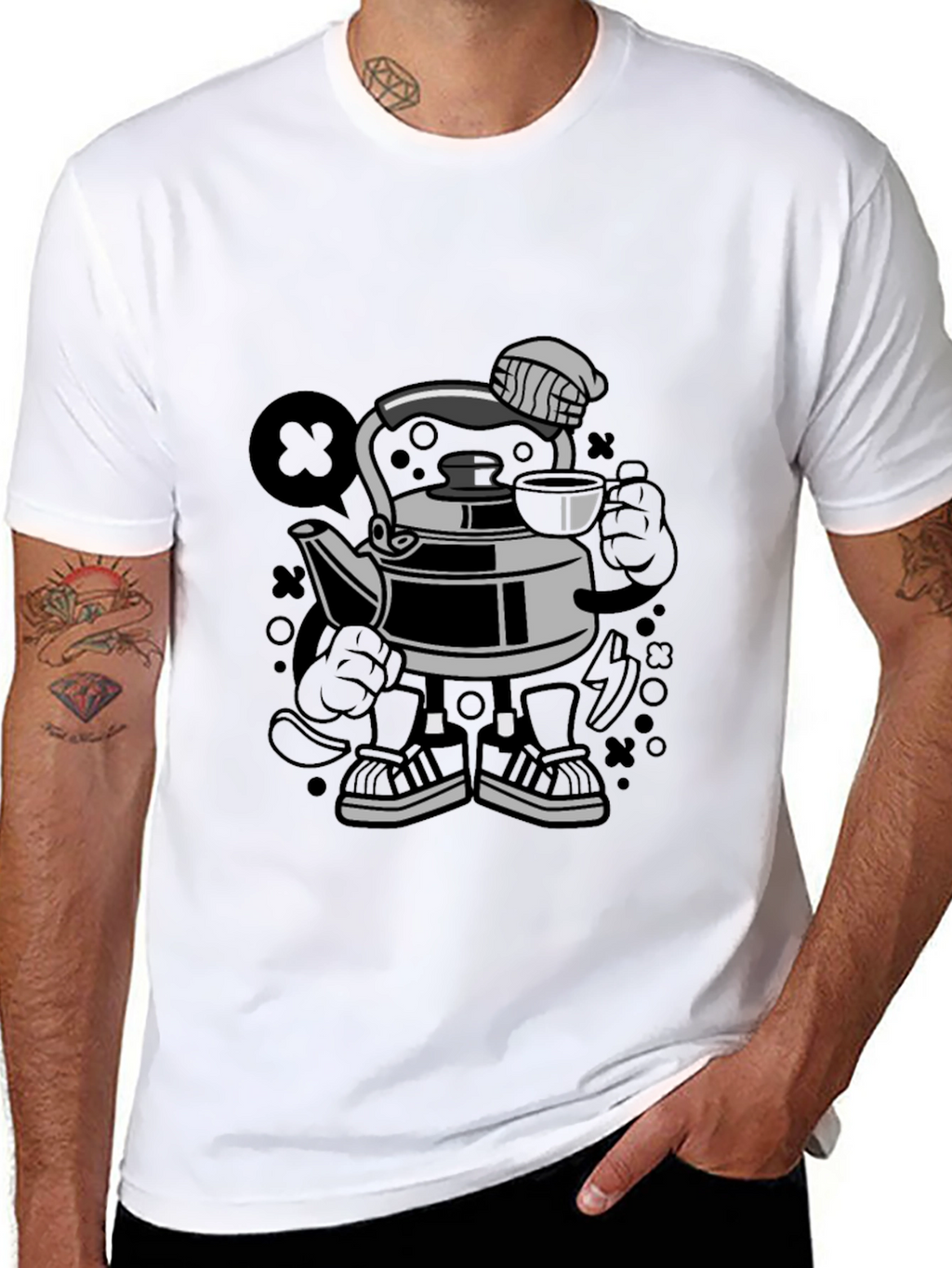 Cartoon Kettle Character Black T-Shirt