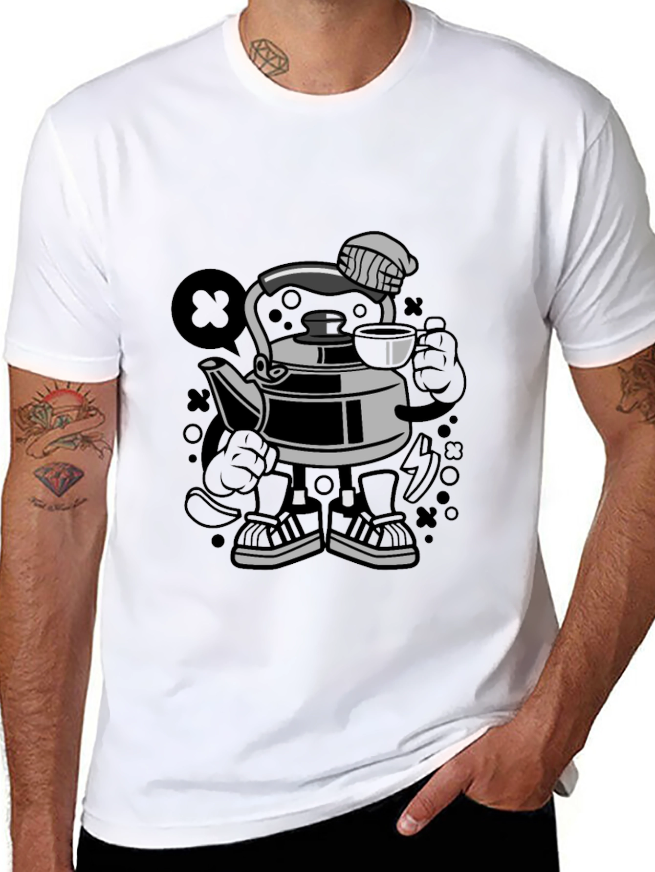 Cartoon Kettle Character Black T-Shirt