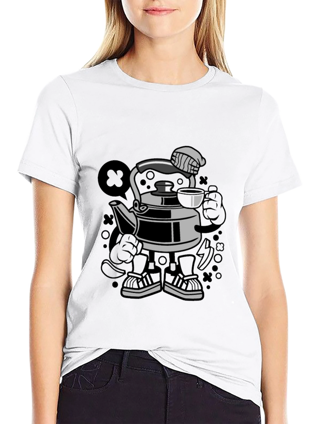Cartoon Kettle Character Black T-Shirt