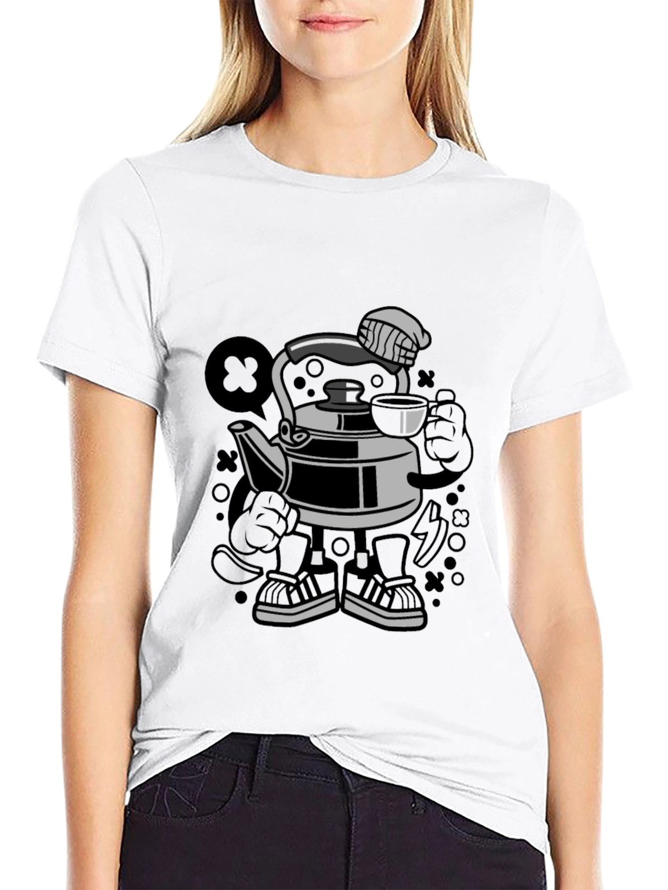 Cartoon Kettle Character Black T-Shirt