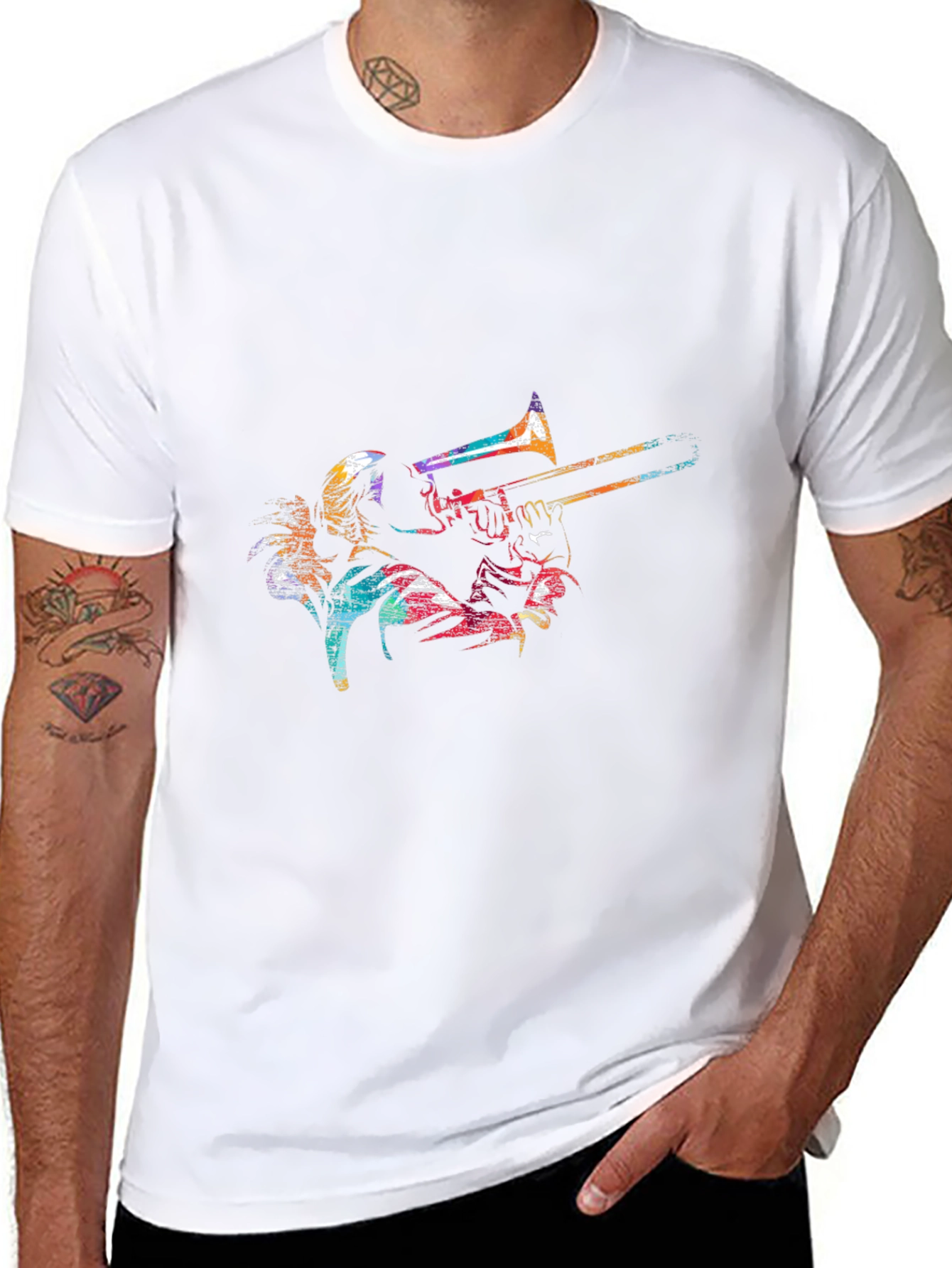 Colorful Trombone Player Graphic Black Tee