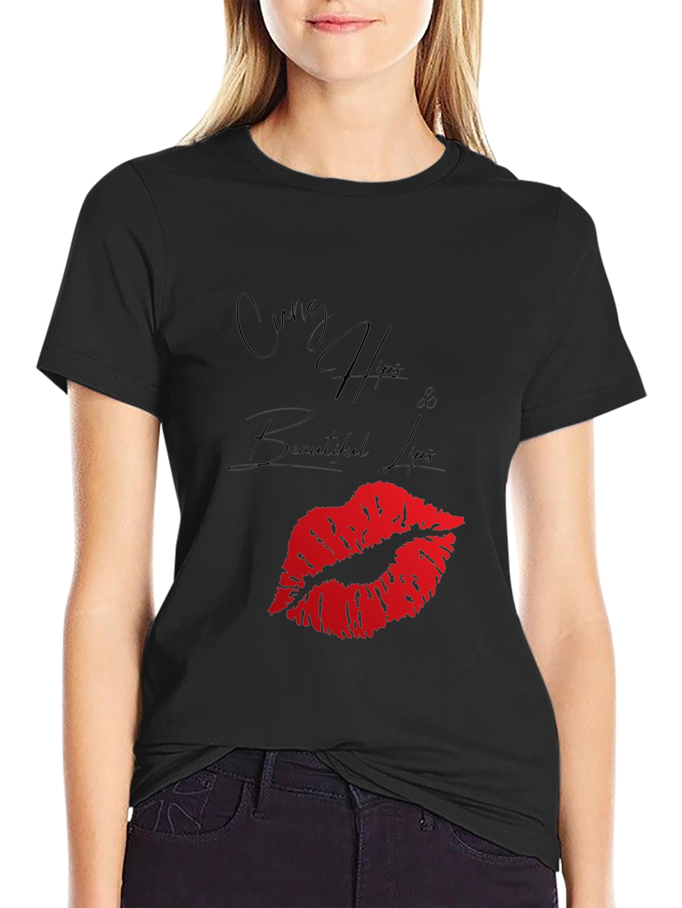 Curvy Hips Lips Graphic Tee - Black Casual Top