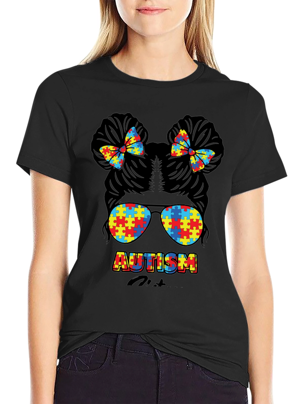 Autism Awareness Puzzle Piece Messy Bun T-Shirt
