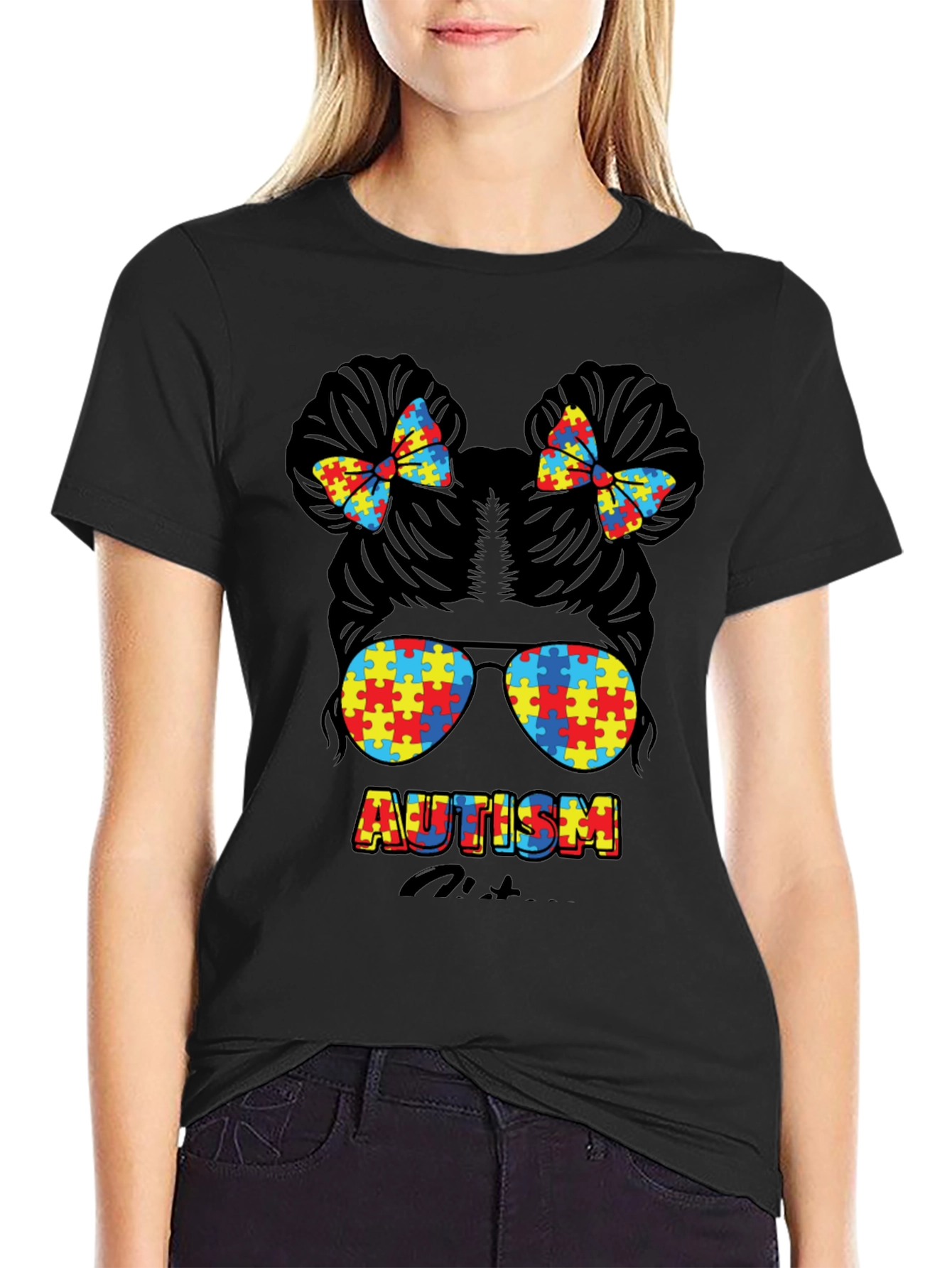 Autism Awareness Puzzle Piece Messy Bun T-Shirt