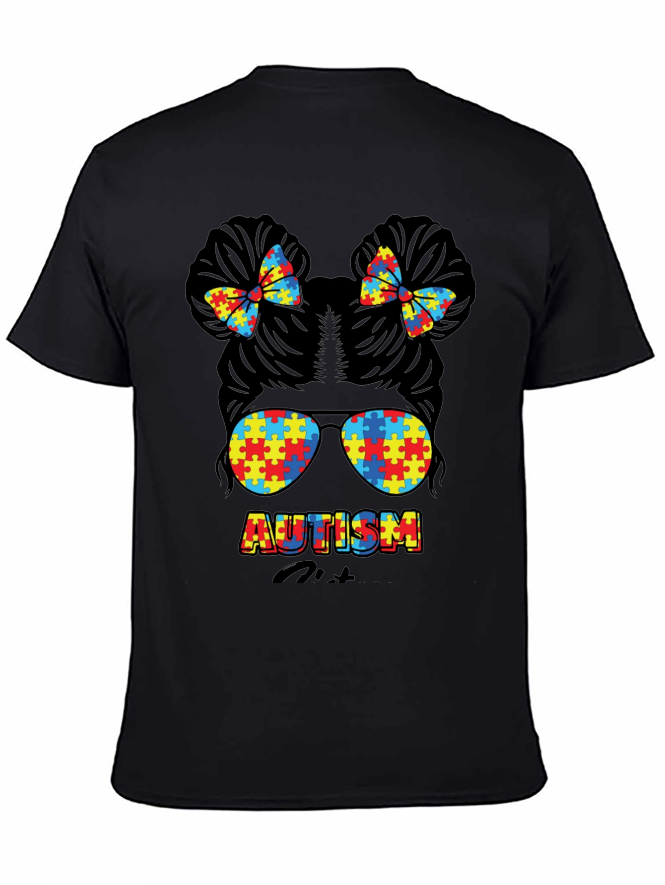 Autism Awareness Puzzle Piece Messy Bun T-Shirt